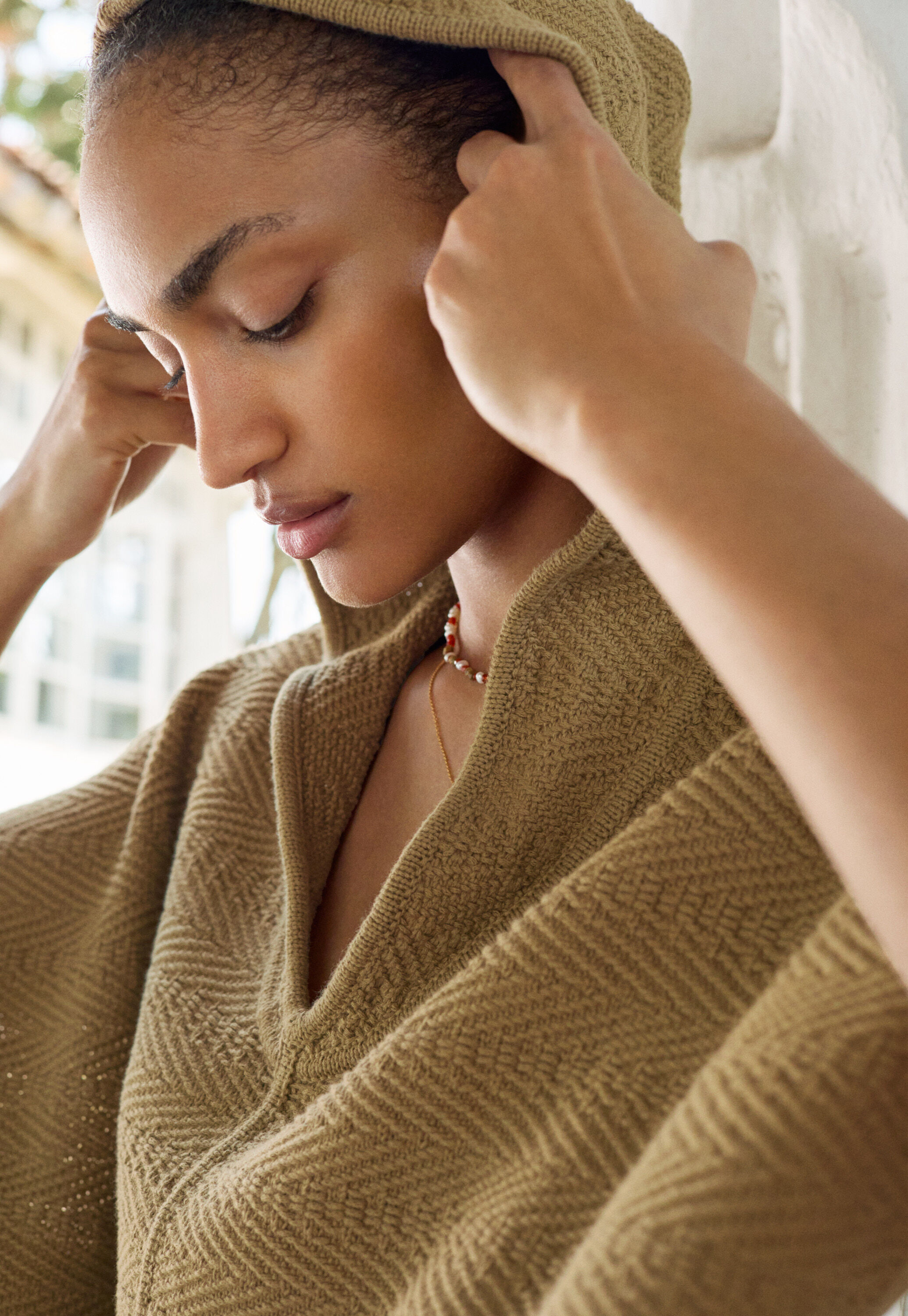 Herringbone-stitch hooded poncho