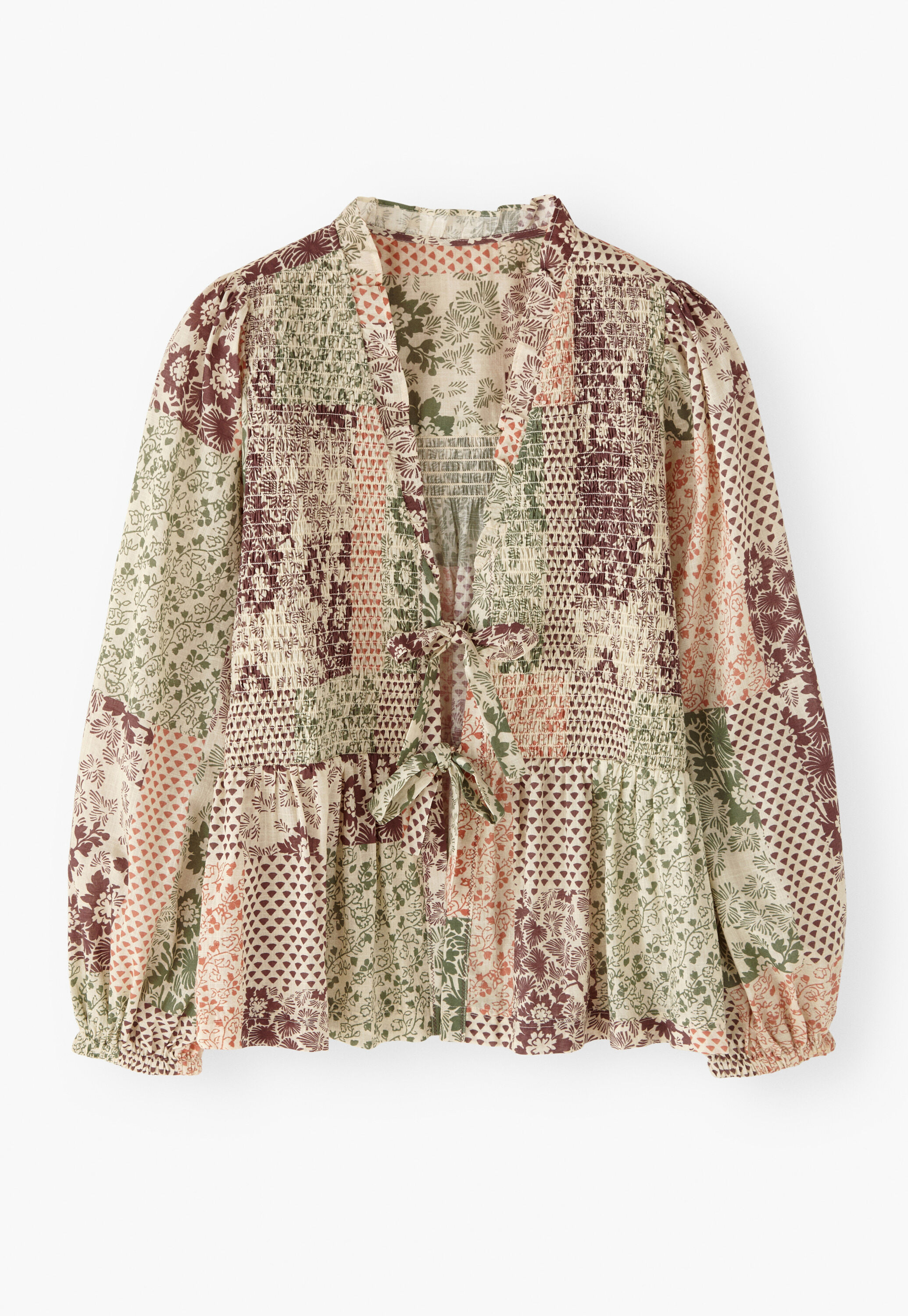 Tie-front printed blouse