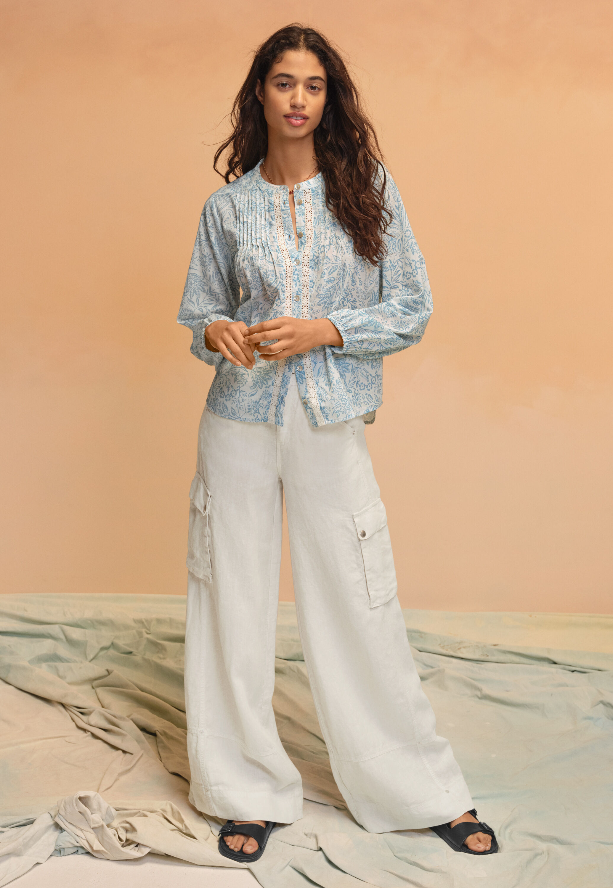 Printed lace-detail blouse