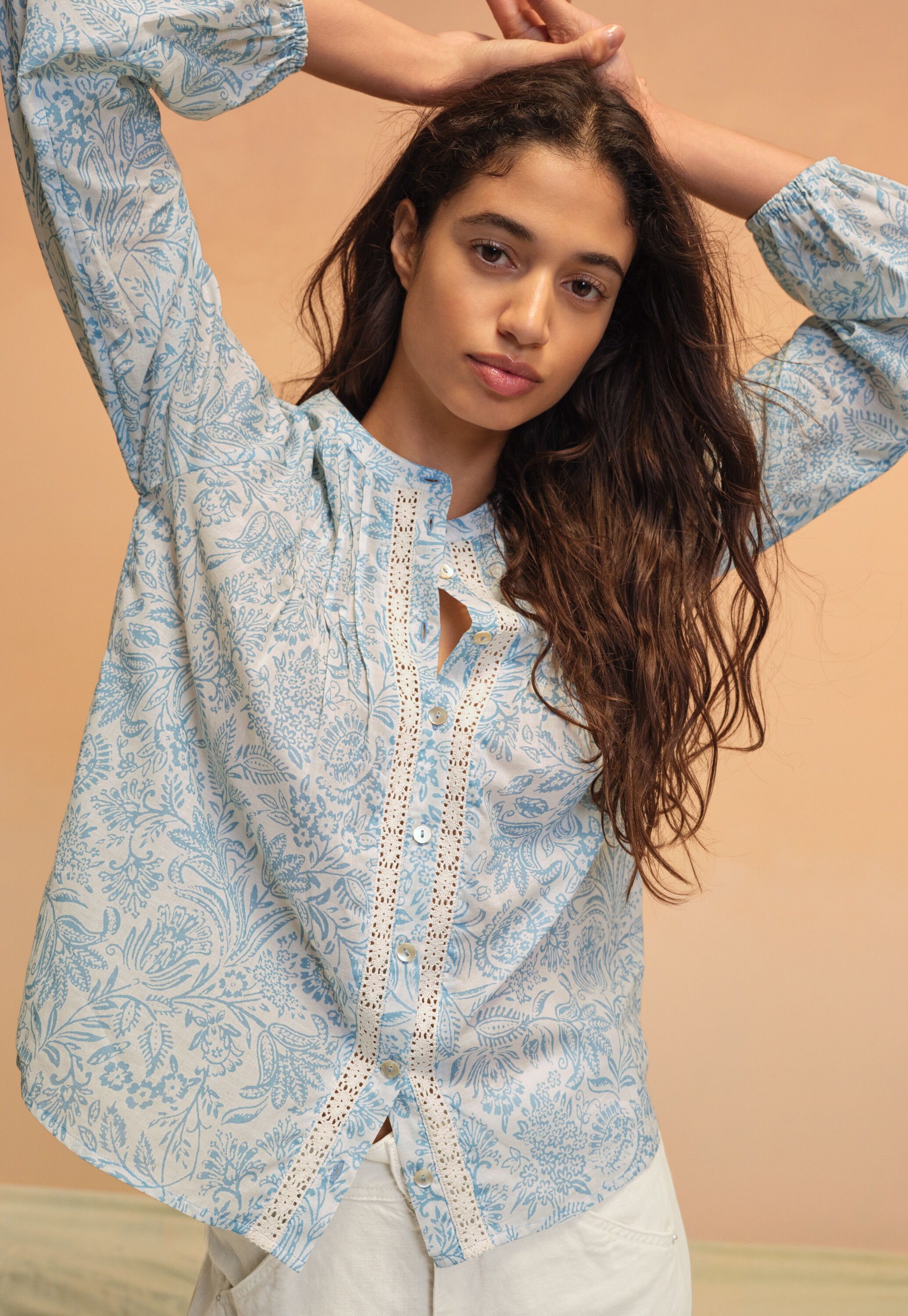 Printed lace-detail blouse