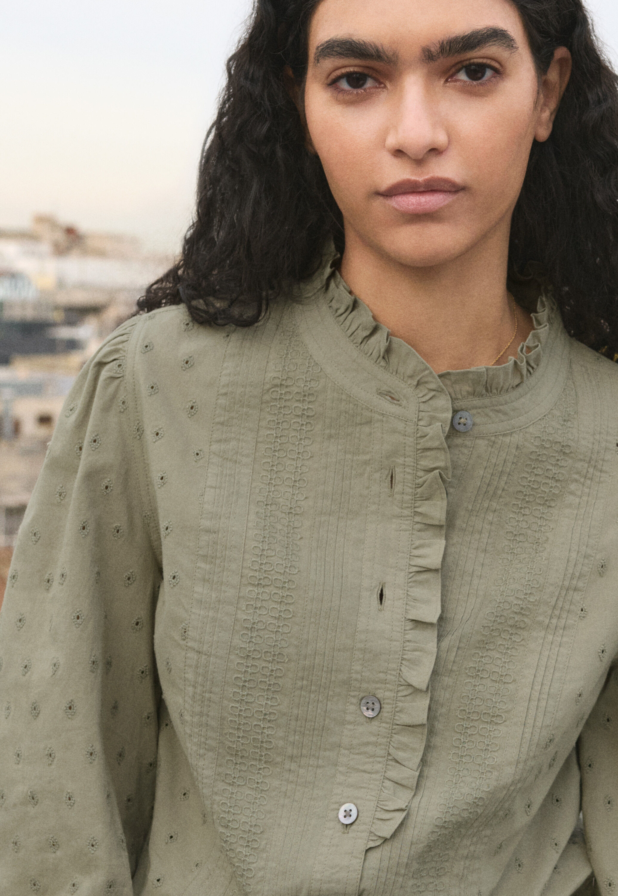 Ruffle-neck broderie blouse, Soft khaki green, large