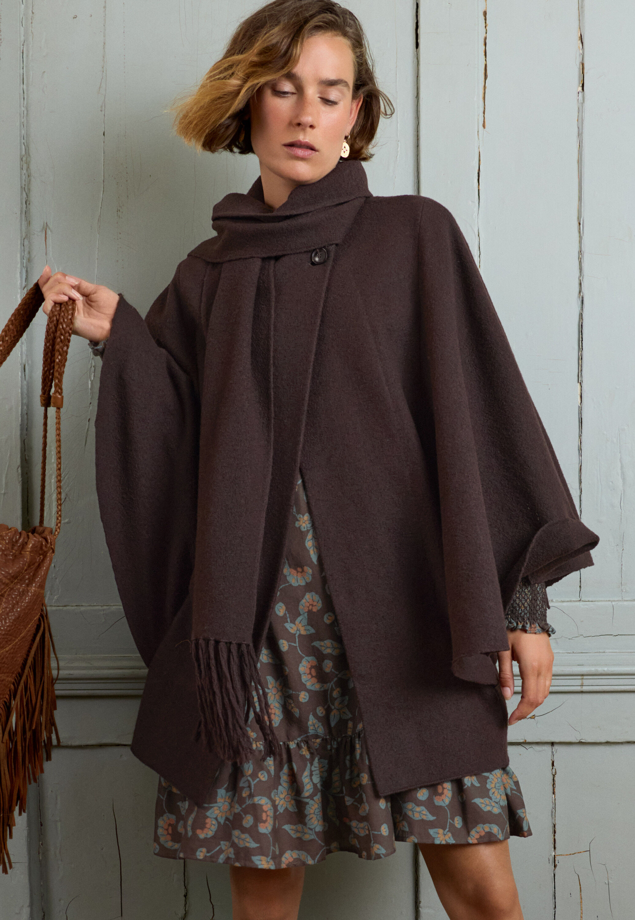 Boiled wool cape, Black coffee, large