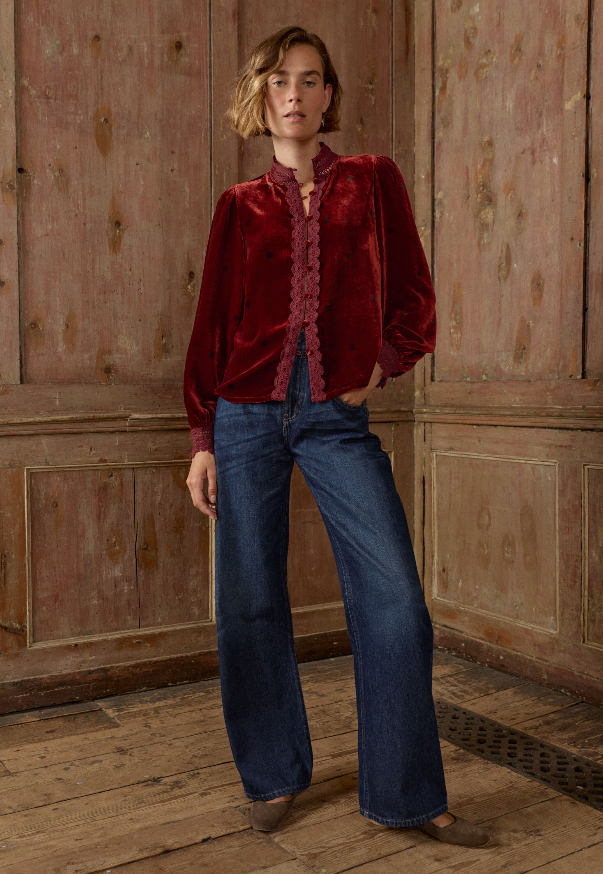 Velvet blouse, Flame red, large