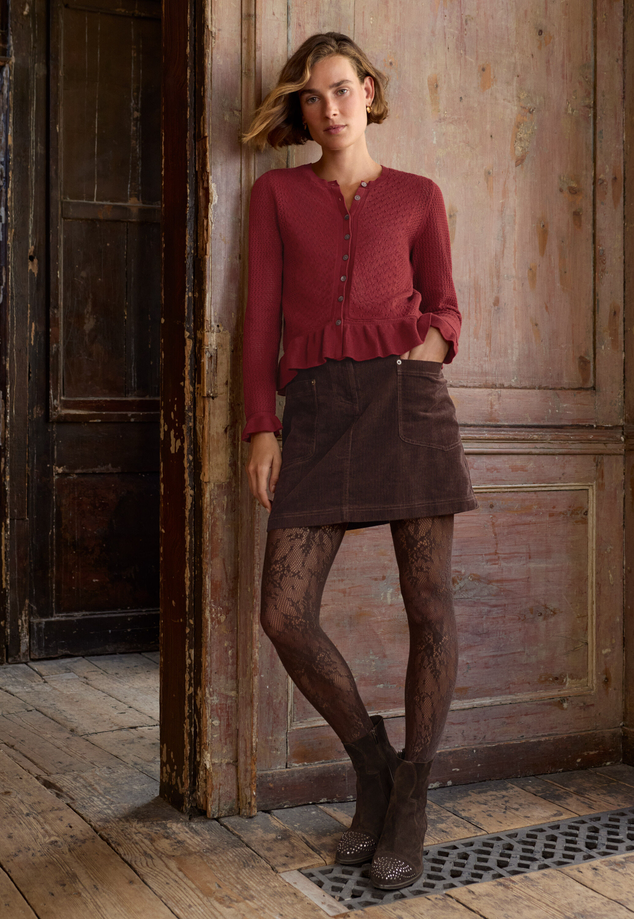 Lace-stitch cardigan, Ruby, large