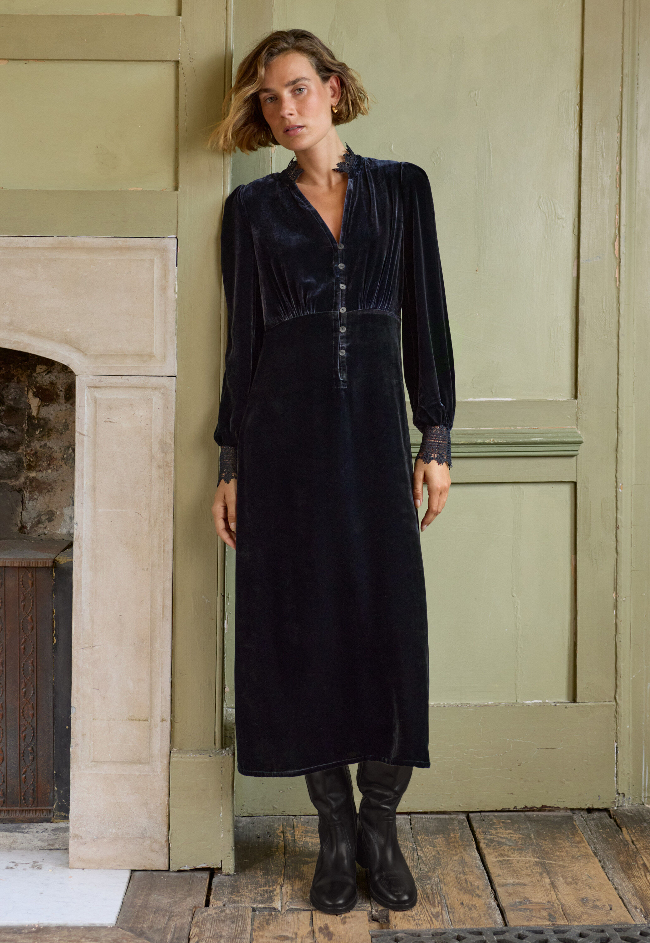 Velvet lace-frill dress, Midnight, large