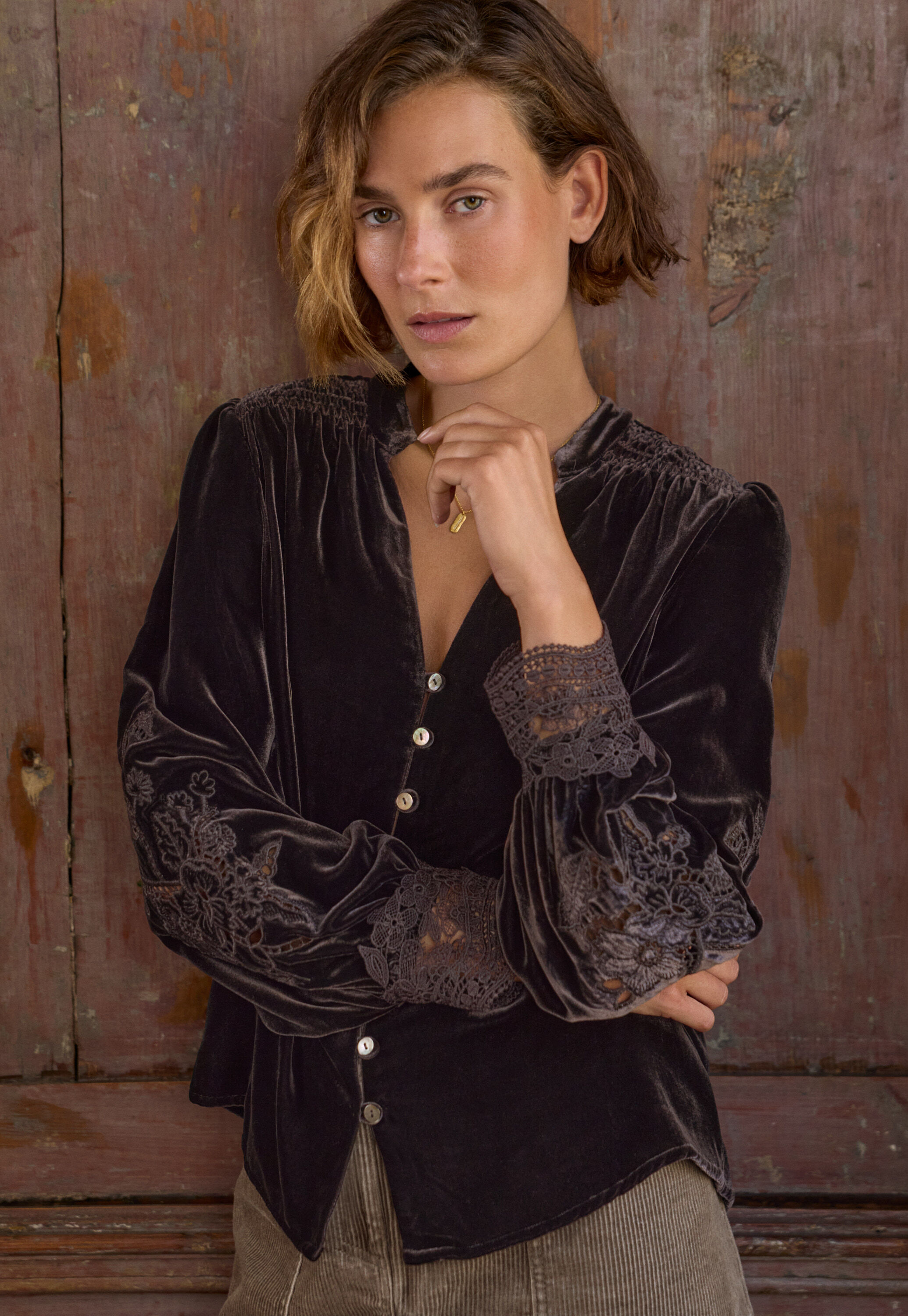 Velvet cutwork blouse