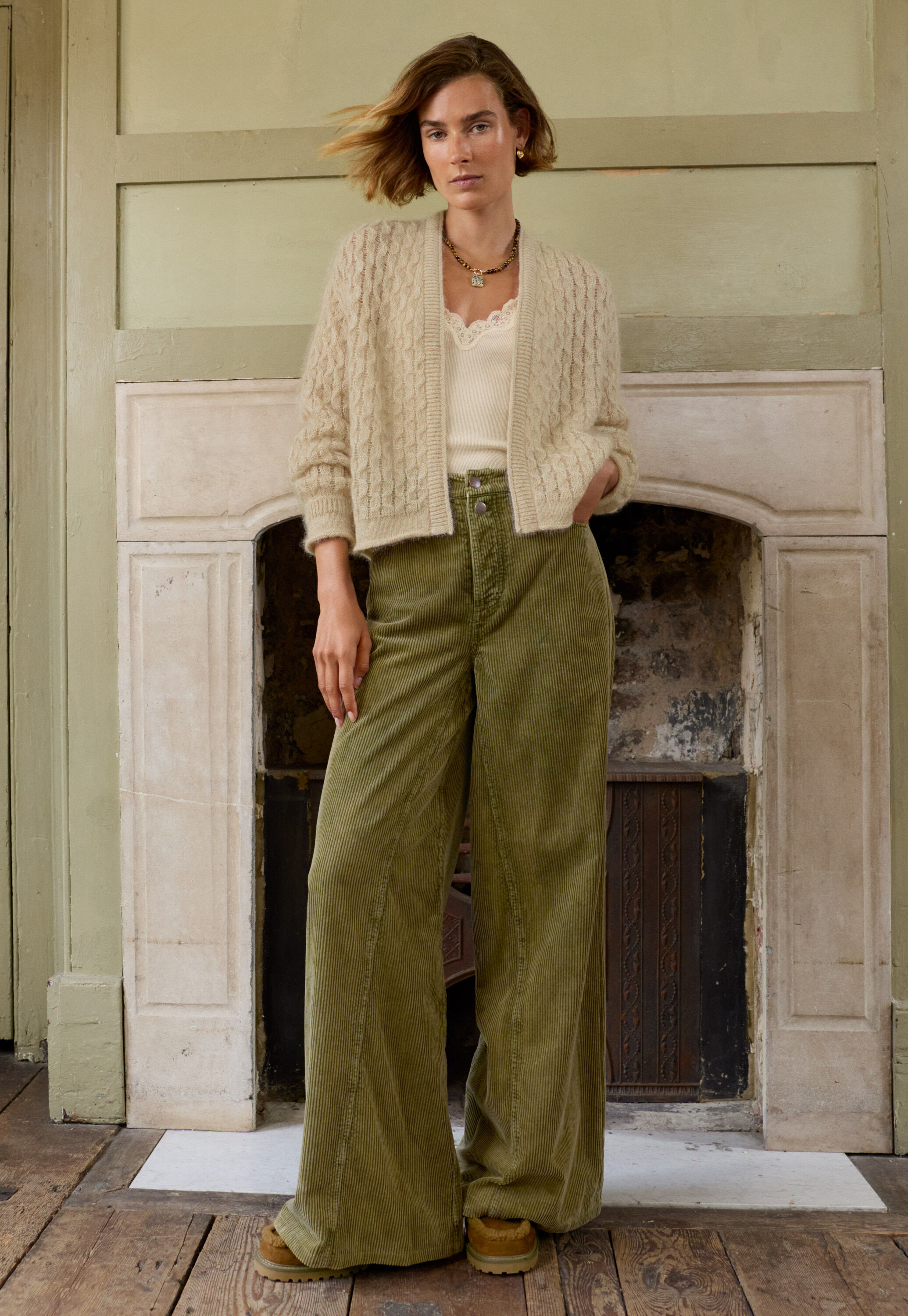Cable-stitch cardigan, Oat, large