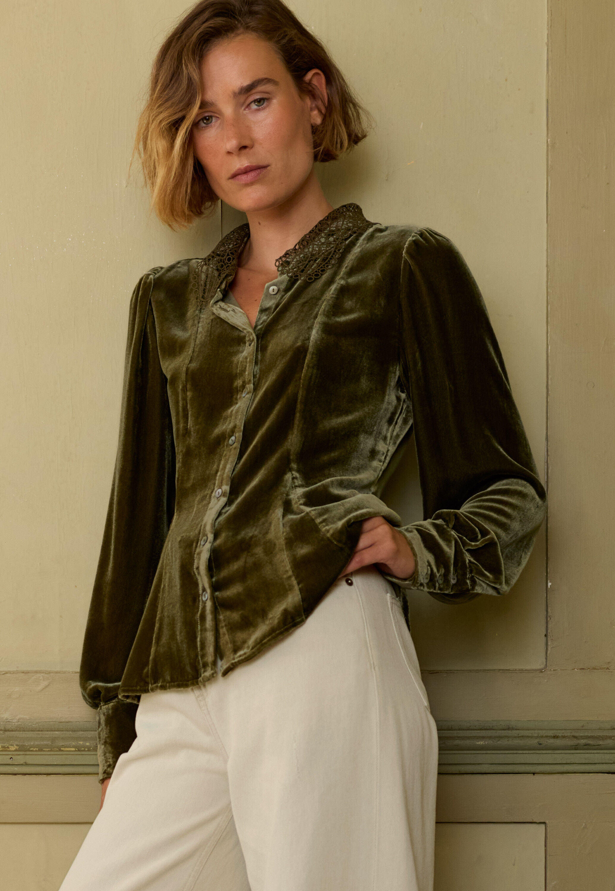 Velvet godet blouse, Moss, large
