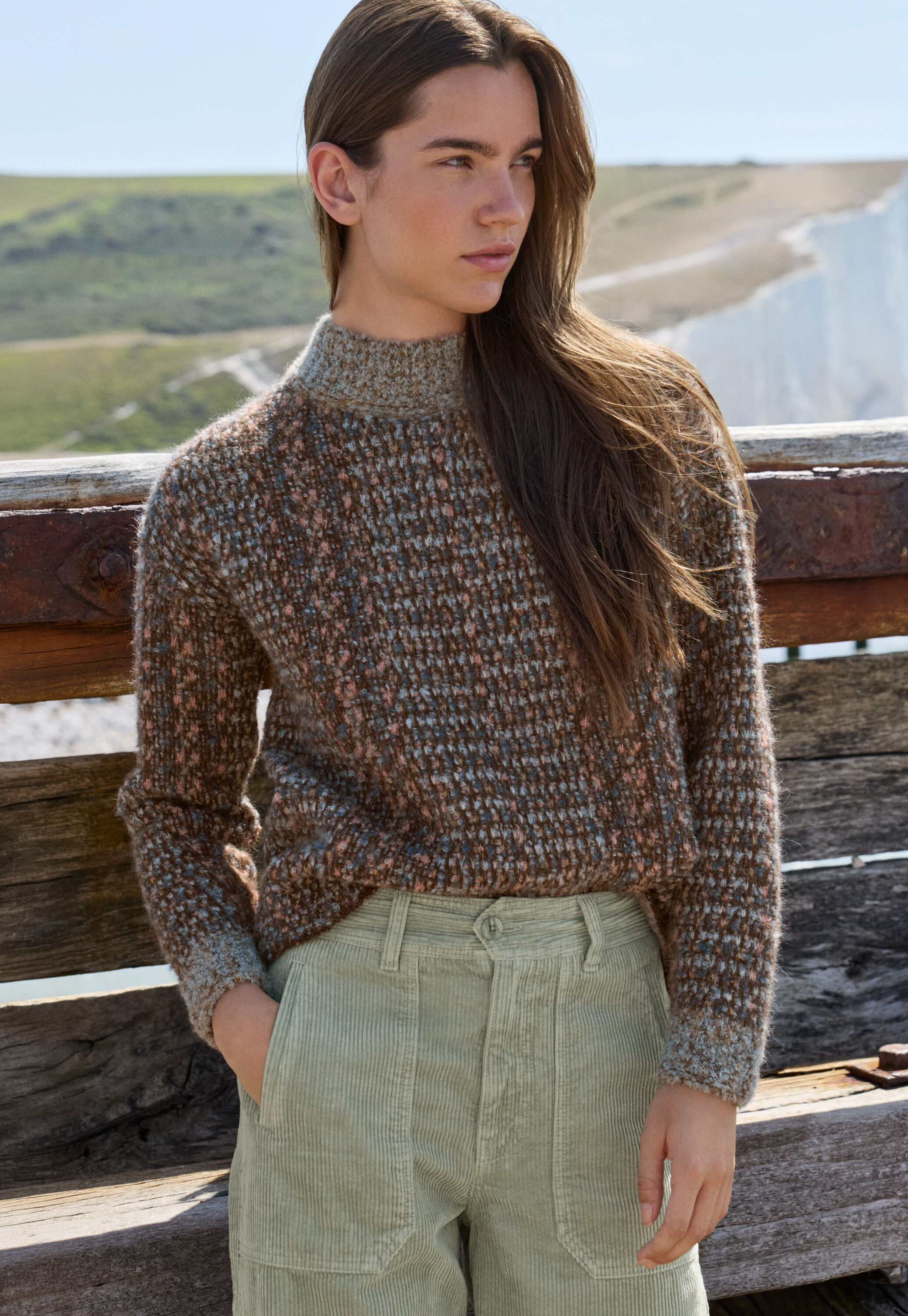 Funnel-neck boucl&eacute; sweater
