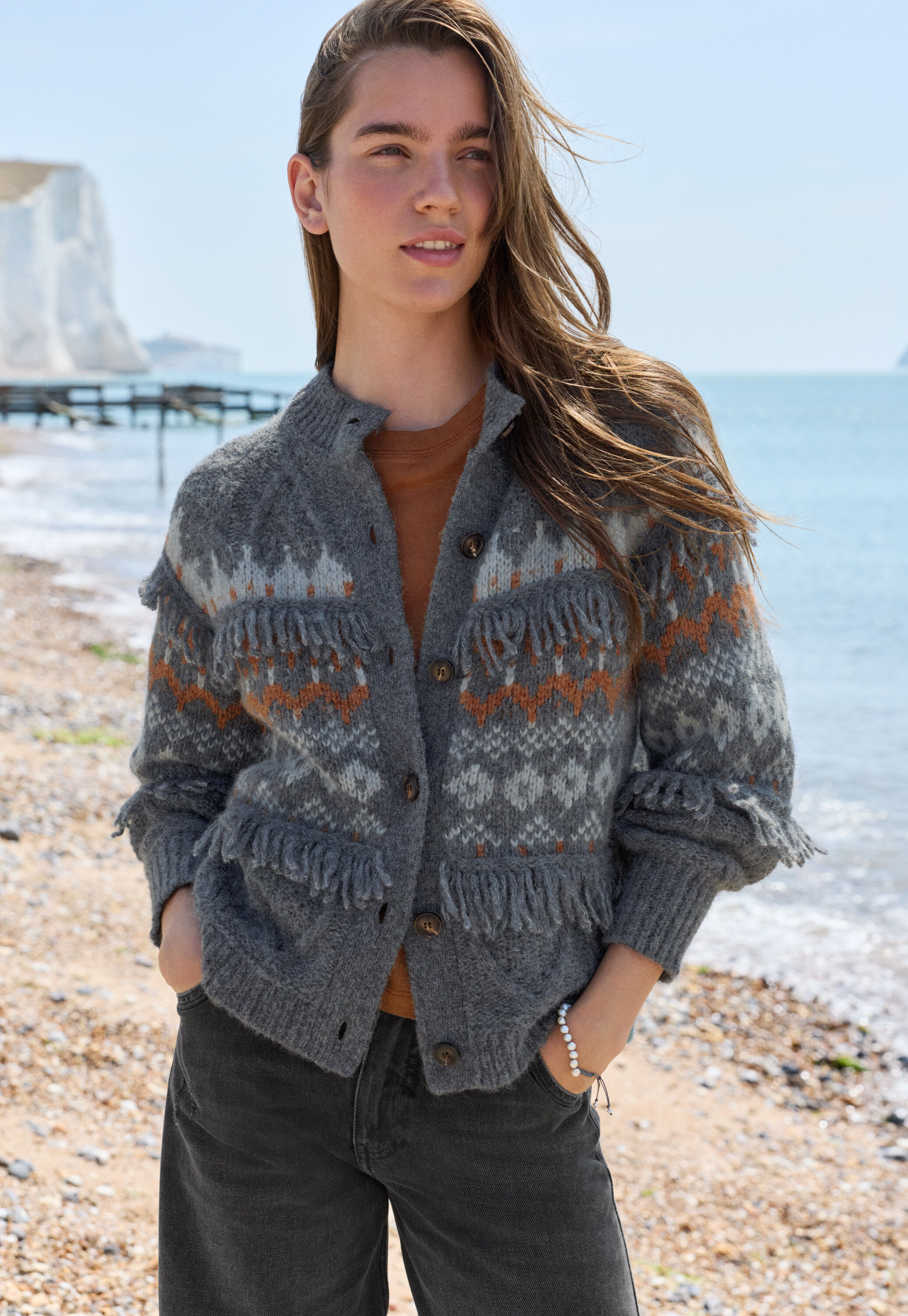 Cable-stitch cardigan, Blue slate copper, large