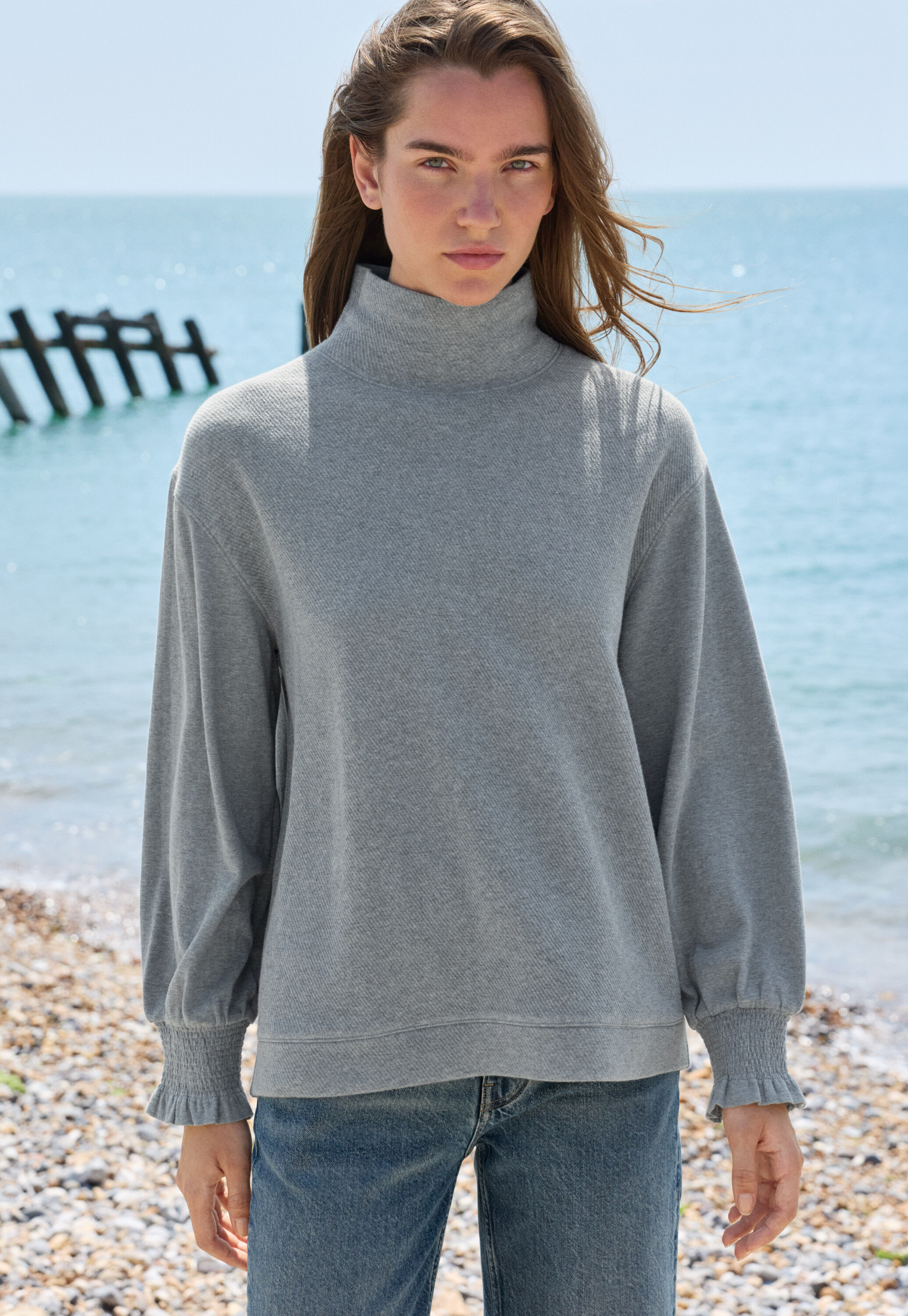 High-neck sweatshirt, Soft slate blue, large
