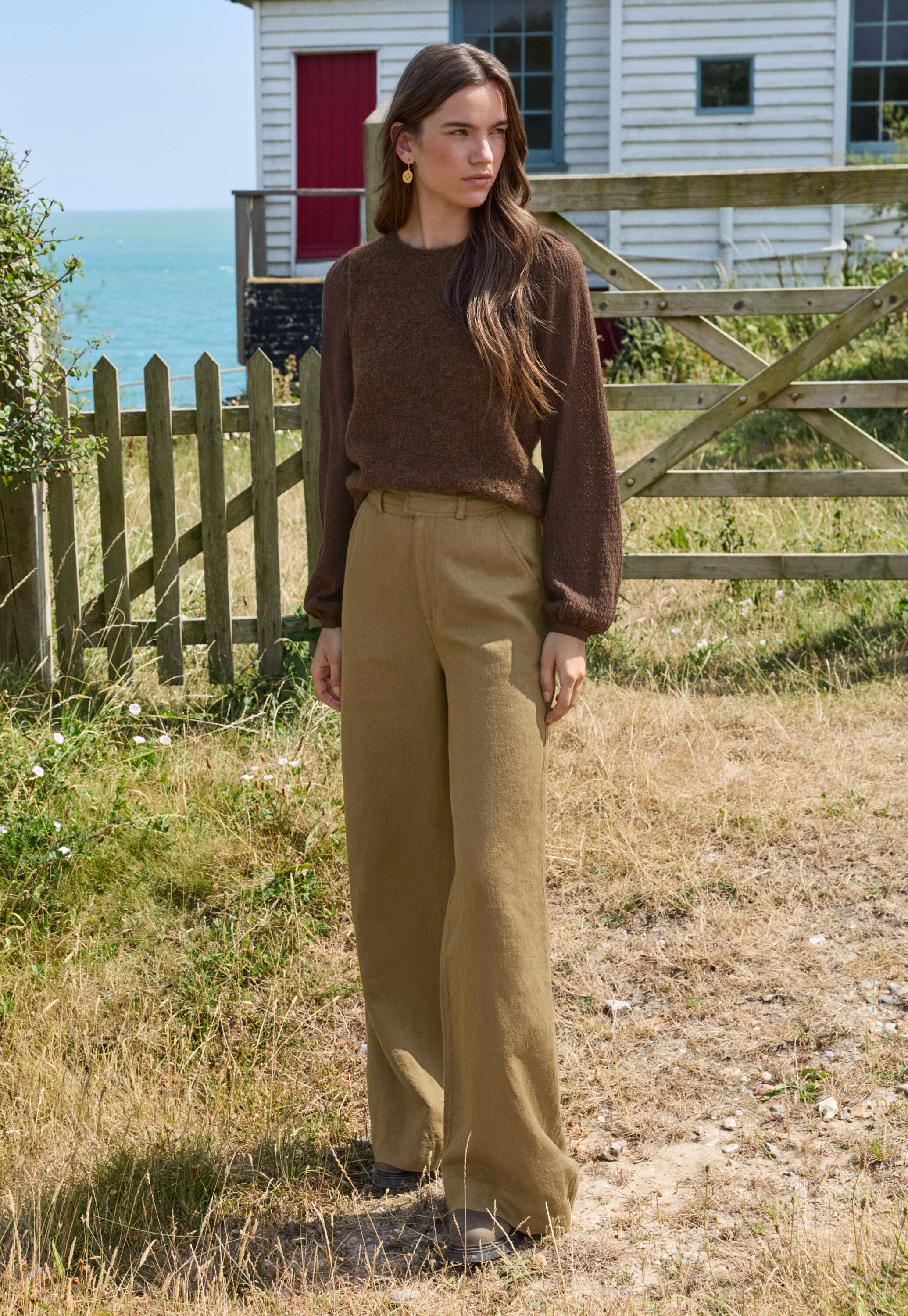 Pointelle-sleeve sweater, Dark chocolate, large