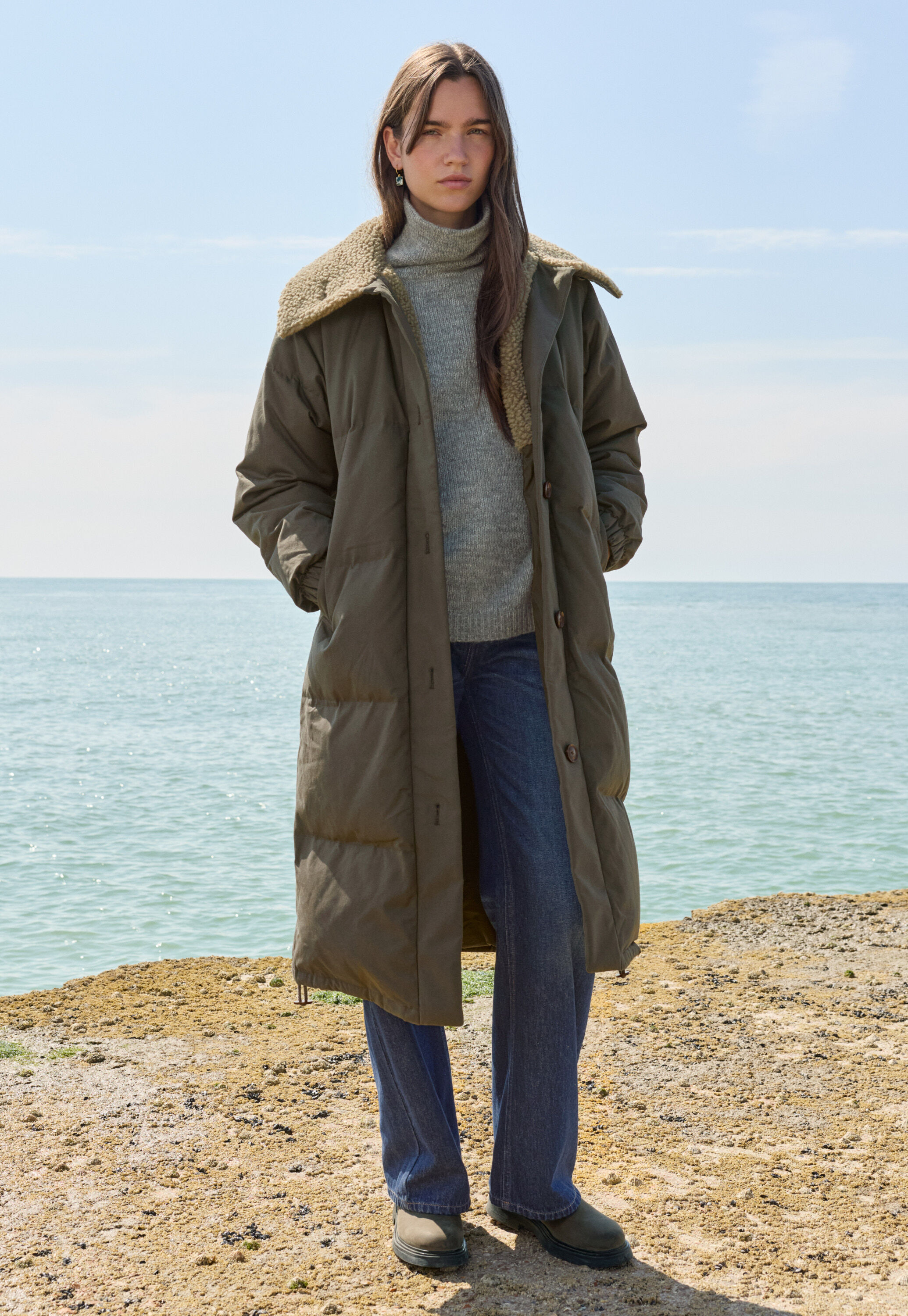 Quilted long coat, Dark khaki, large
