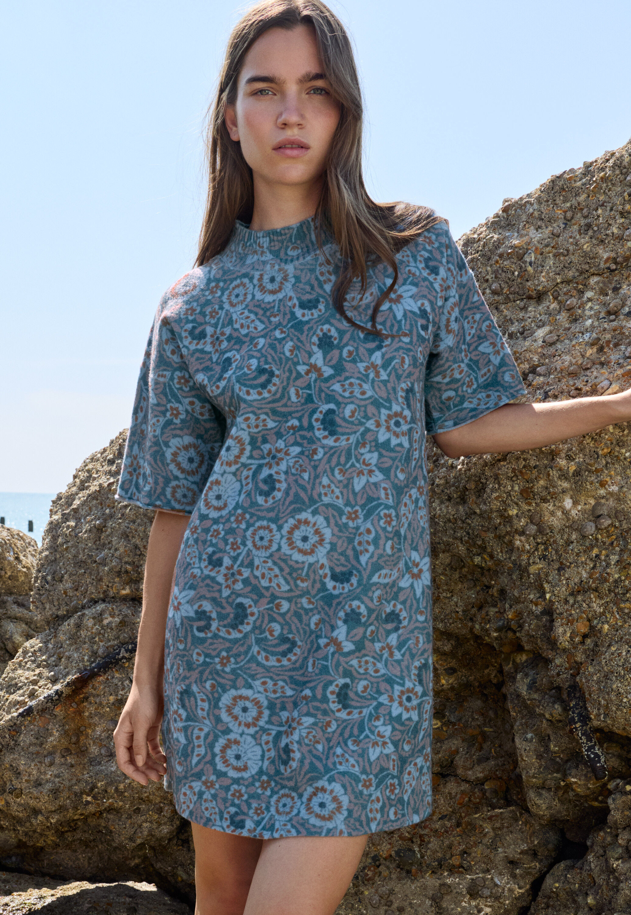 Printed knitted dress, Denim, large