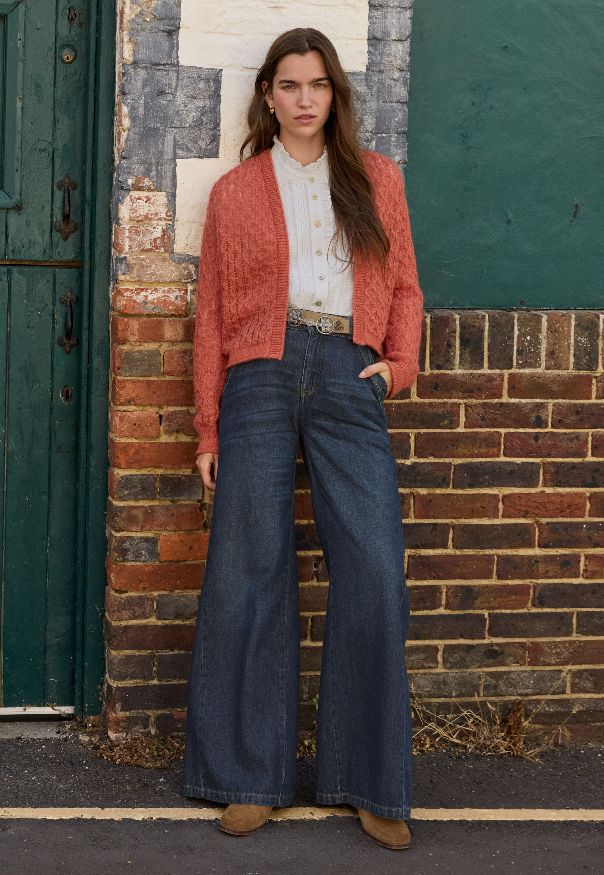 Ruffle-neck broderie blouse