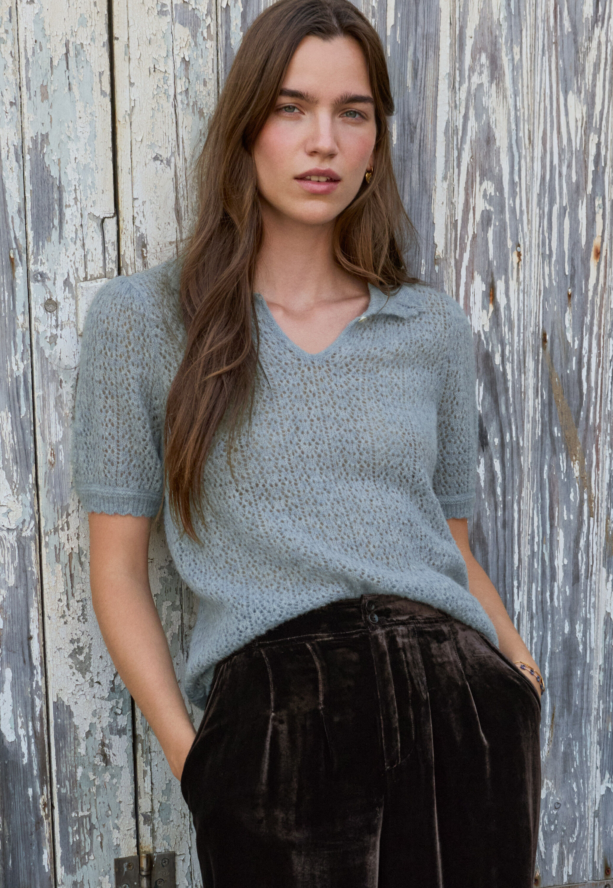 Lace-stitch sweater, Chalk blue, large