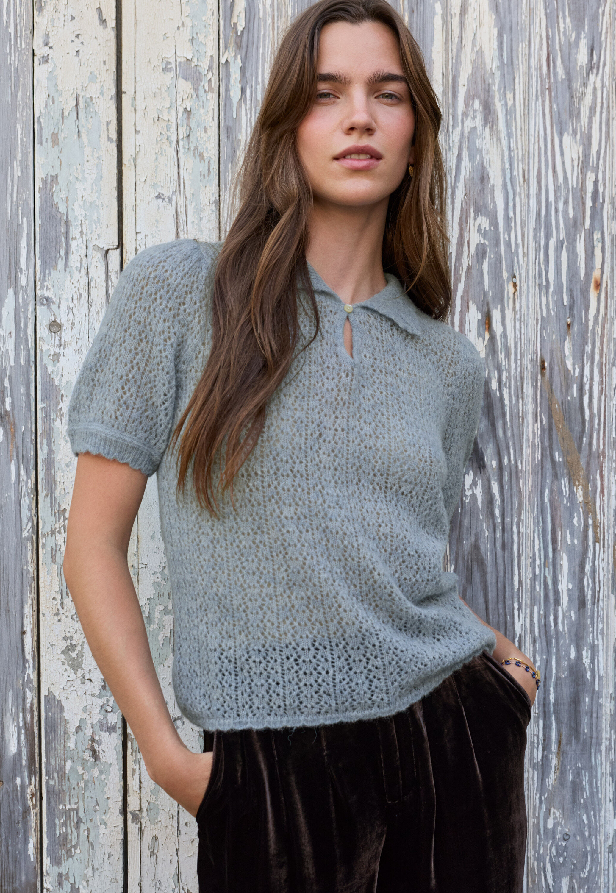 Lace-stitch sweater, Chalk blue, large