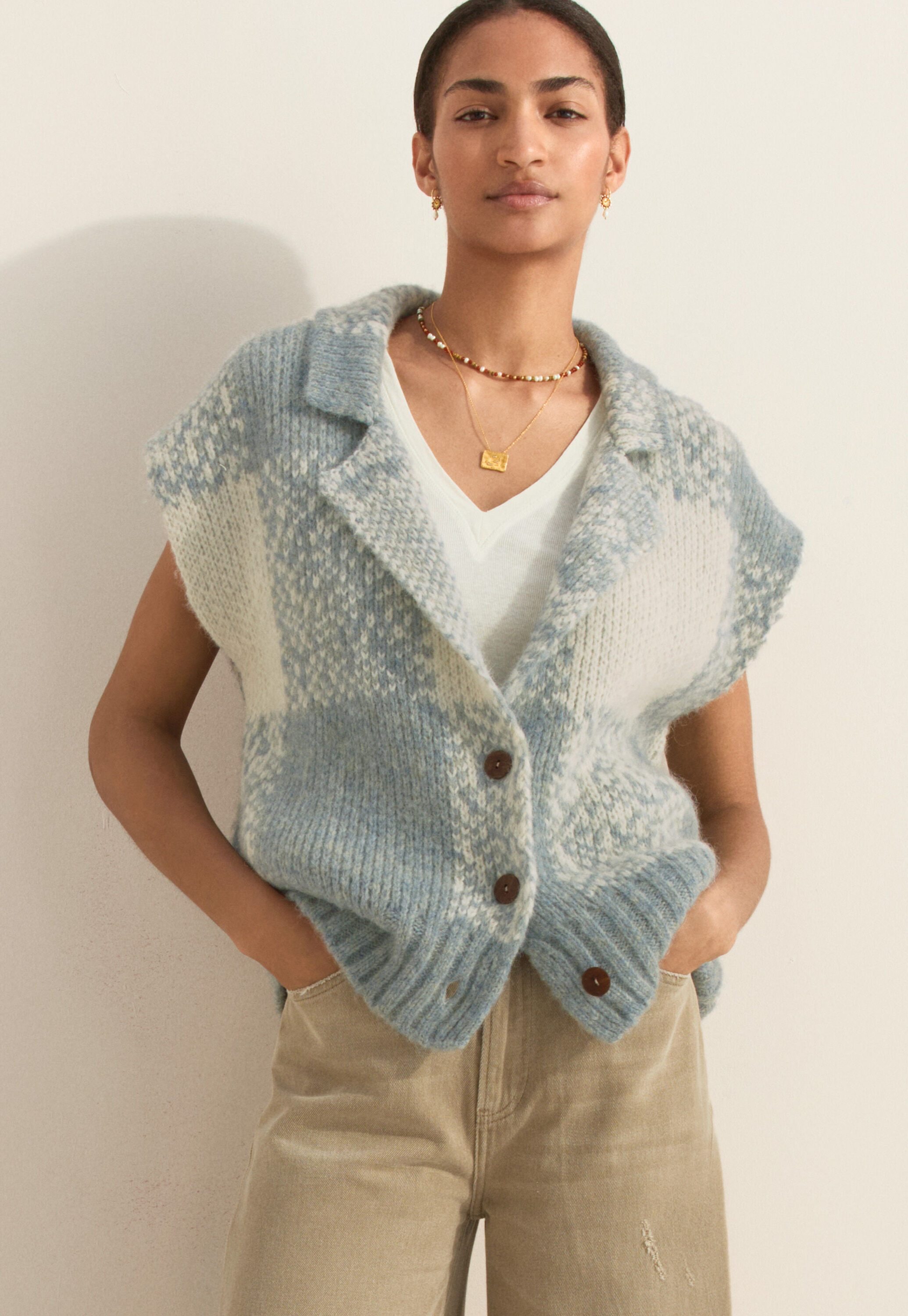 Sleeveless checked jacket, Blue stone, large