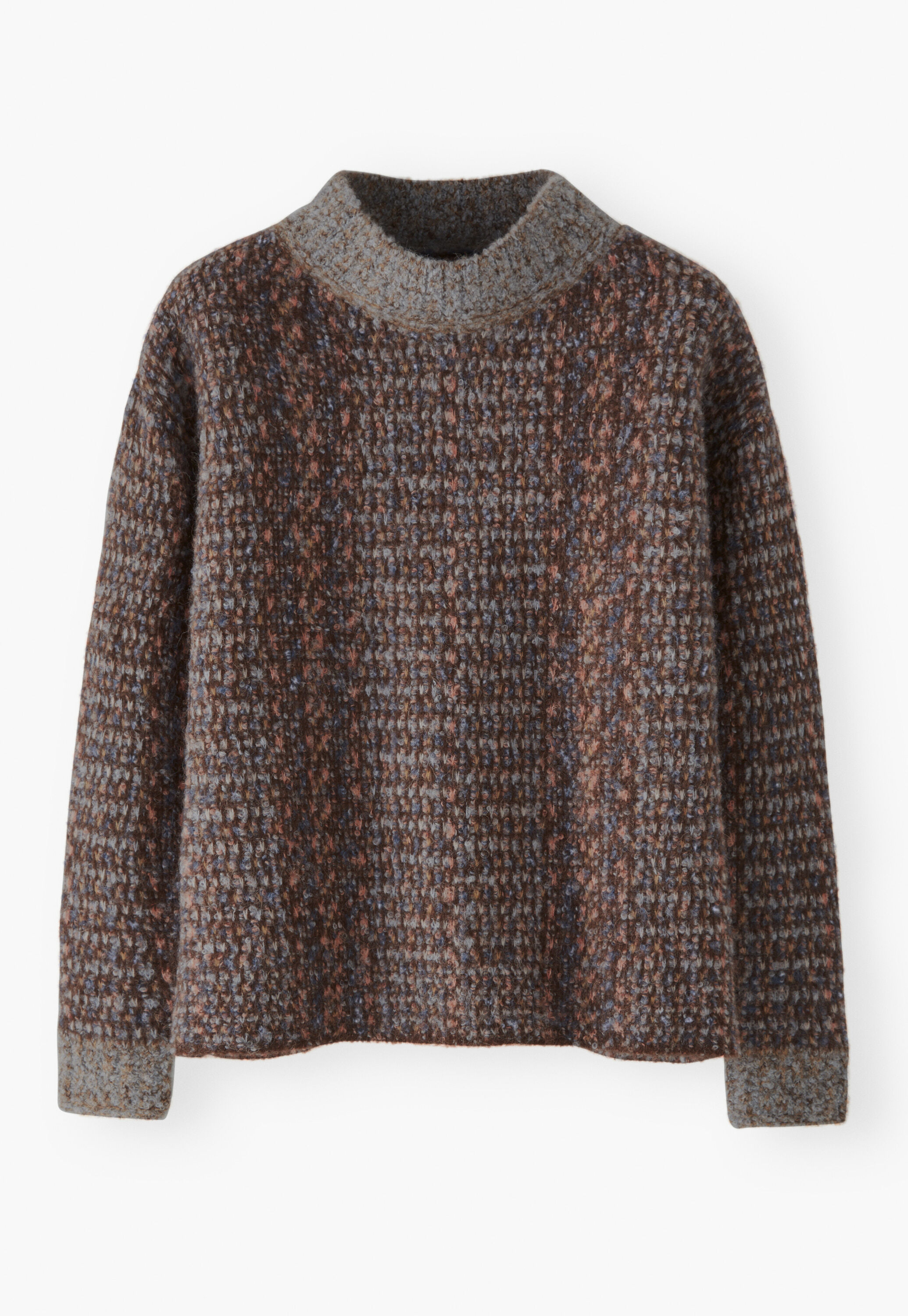 Funnel-neck boucl&eacute; sweater, Chocolate multi, large