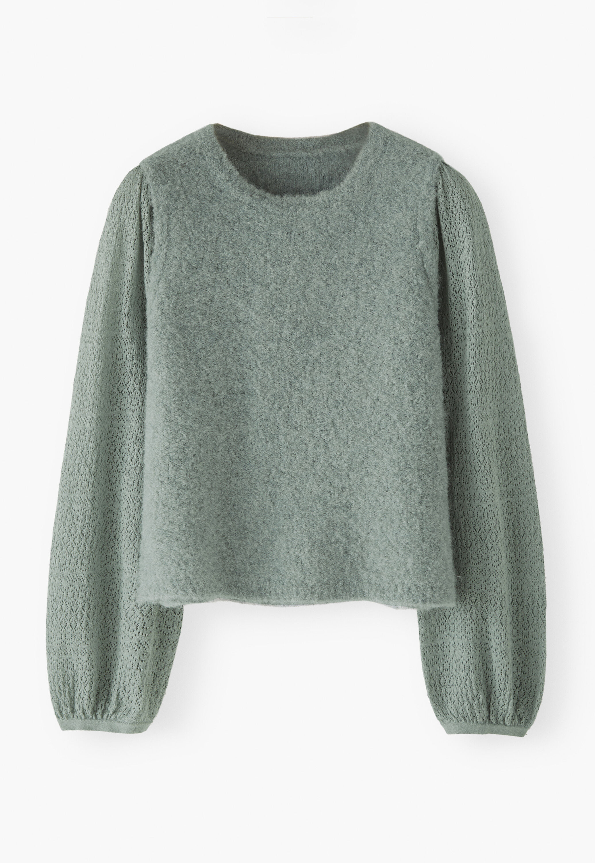Pointelle-sleeve sweater, Duck egg, large