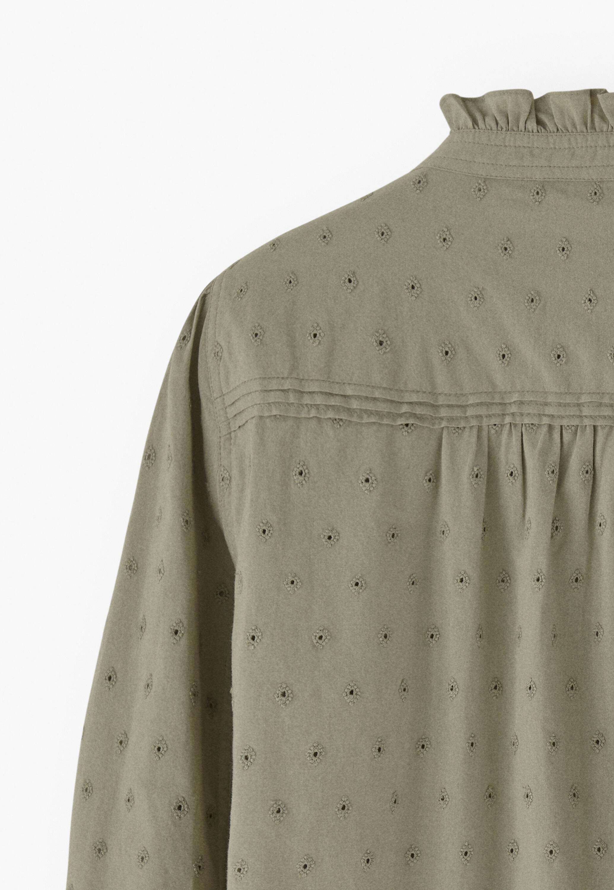 Ruffle-neck broderie blouse, Soft khaki green, large