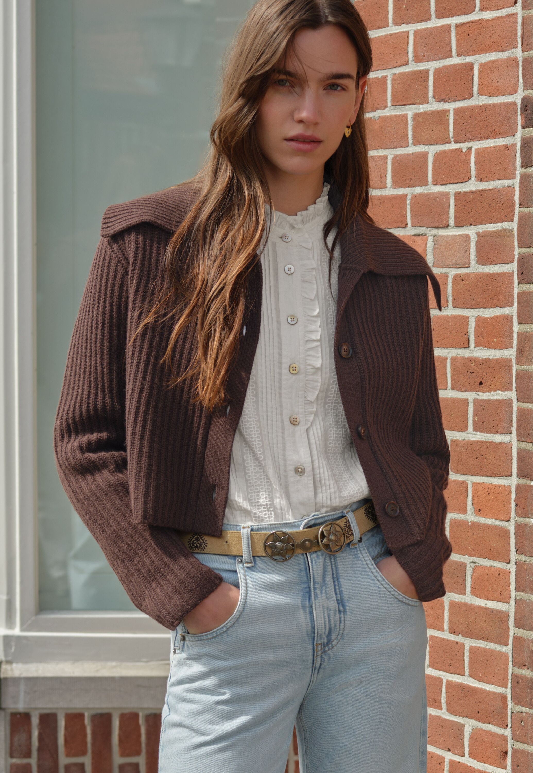 Rib-stitch collared cardigan