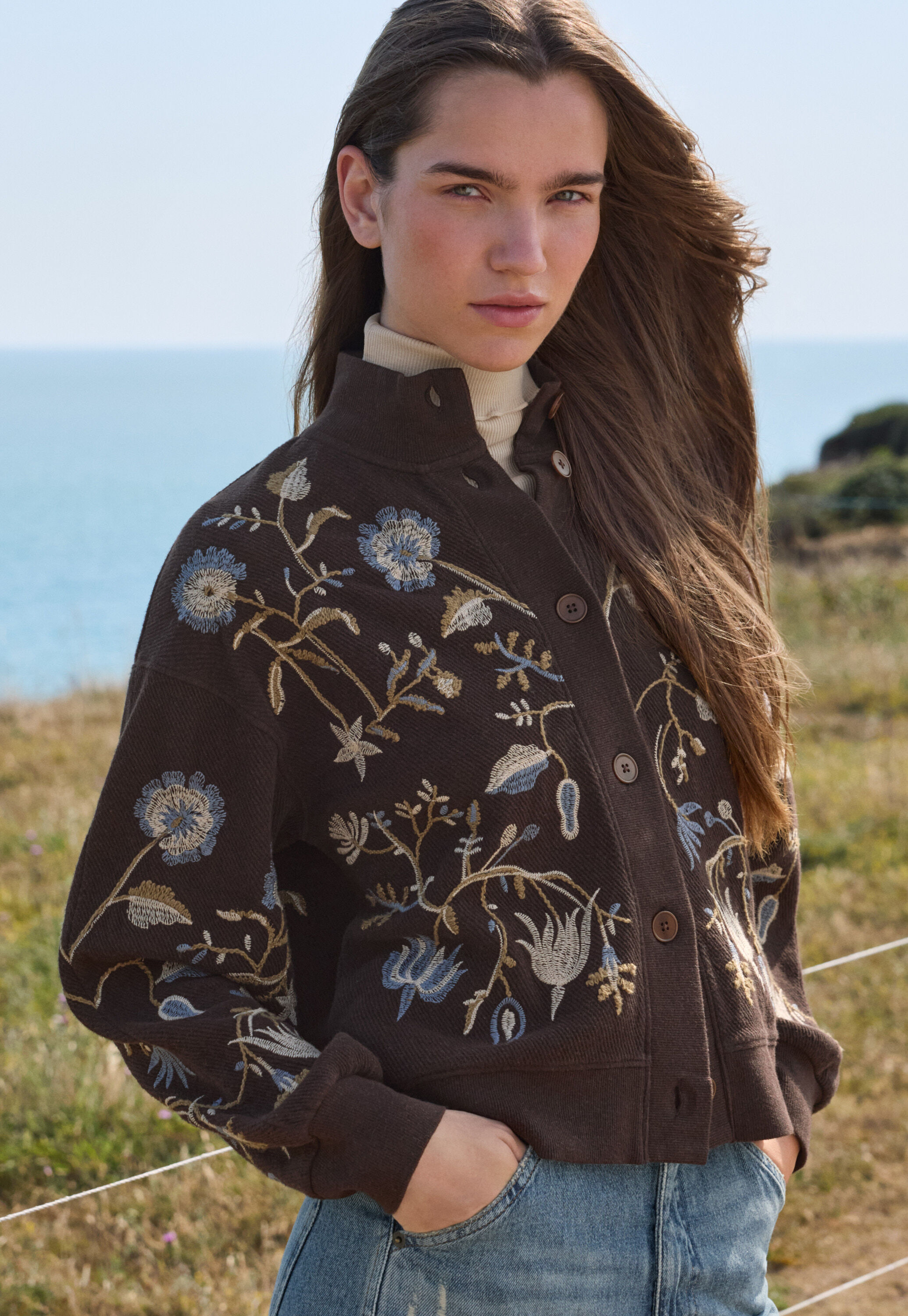 Embroidered jacket, Coffee, large
