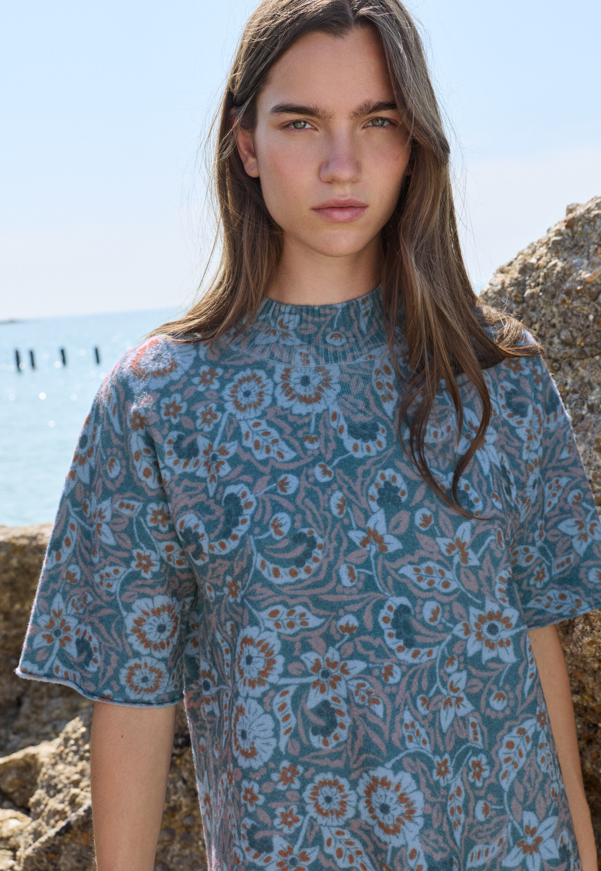 Printed knitted dress, Denim, large