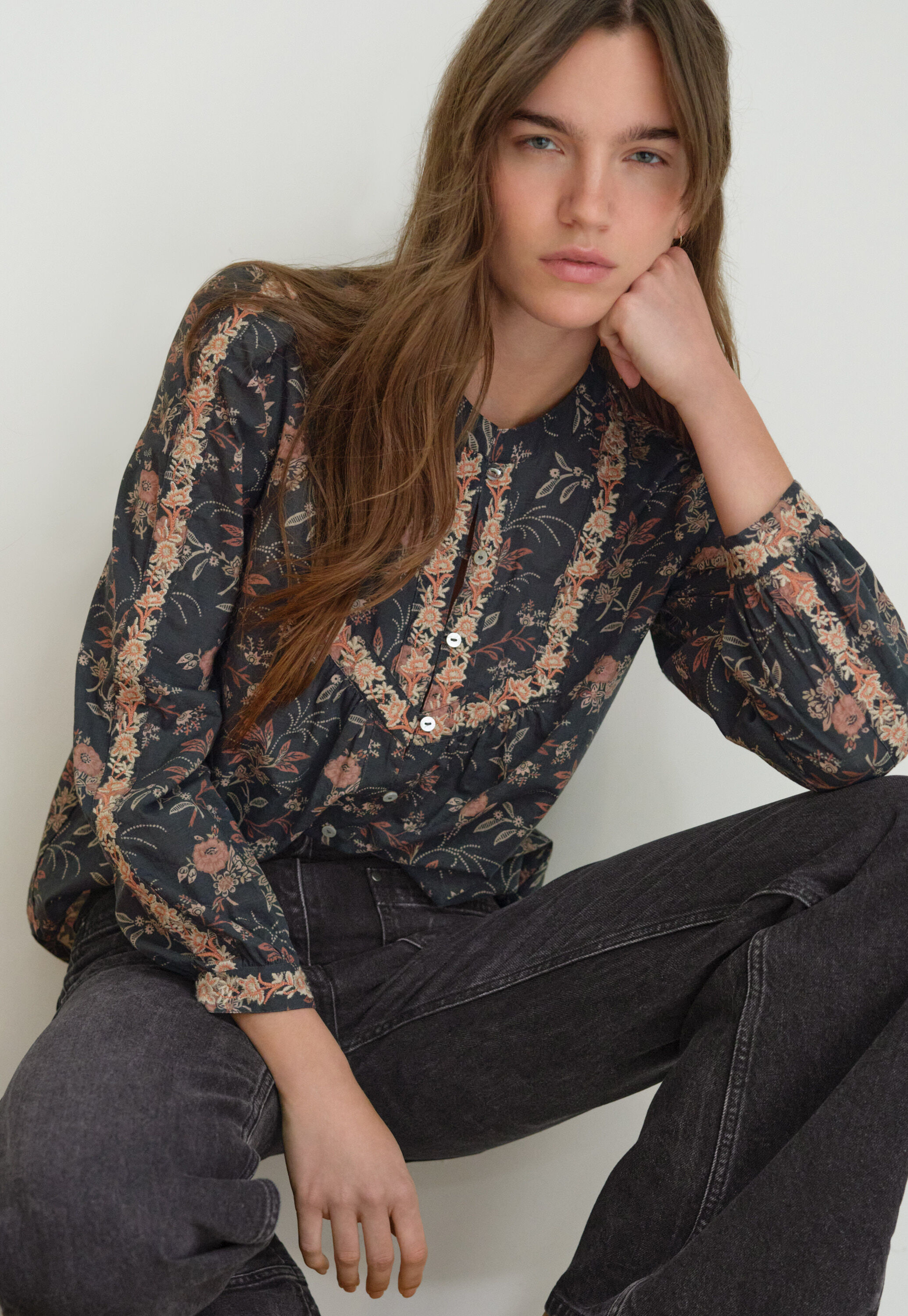 Embroidered printed blouse