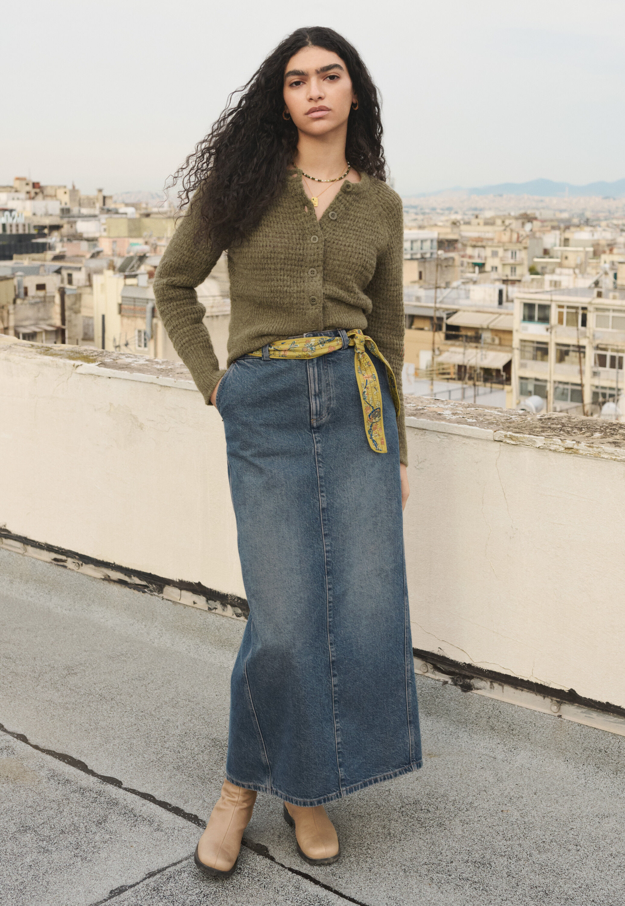 Darted denim skirt