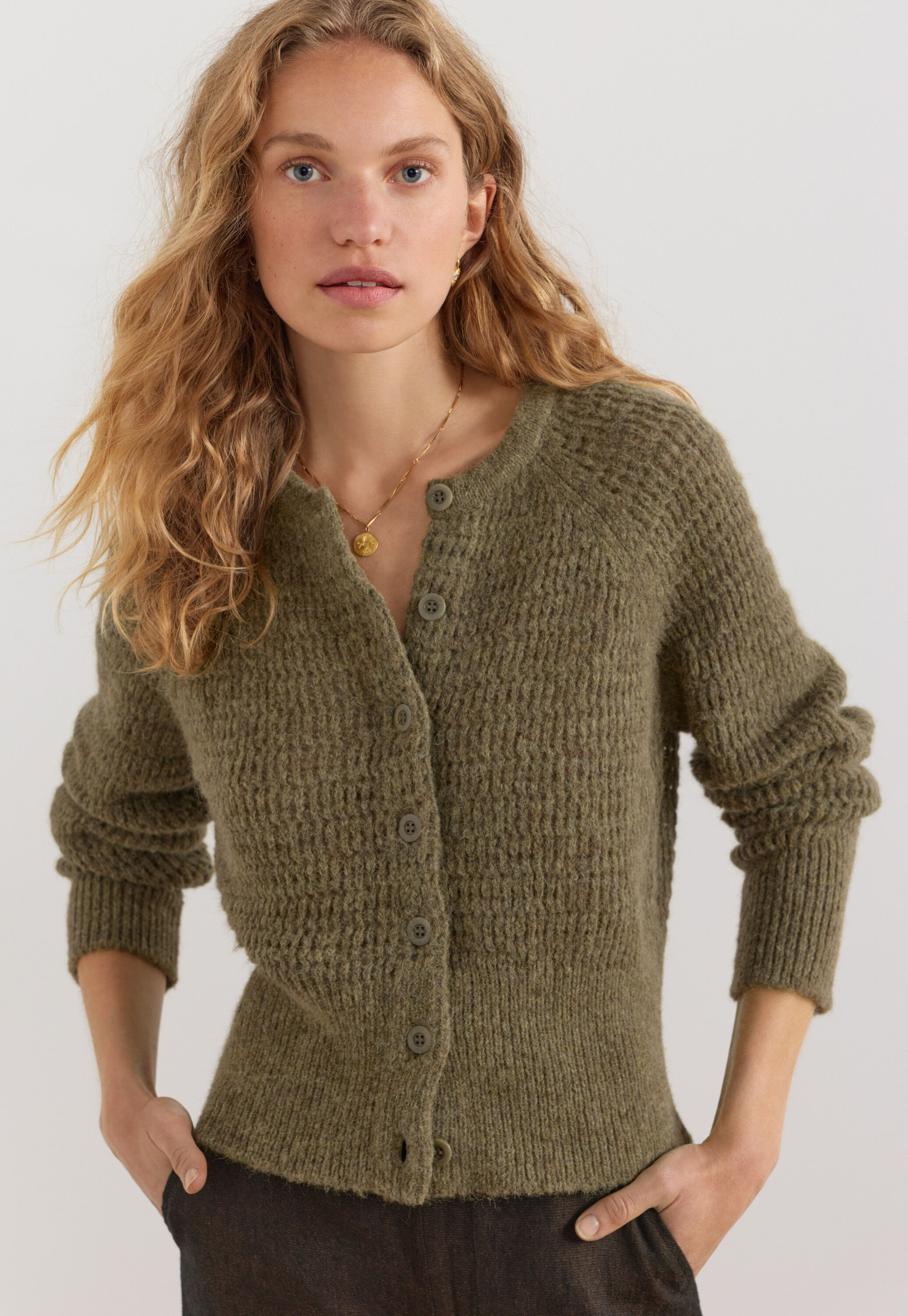 Button-through cardigan, Dark moss, large