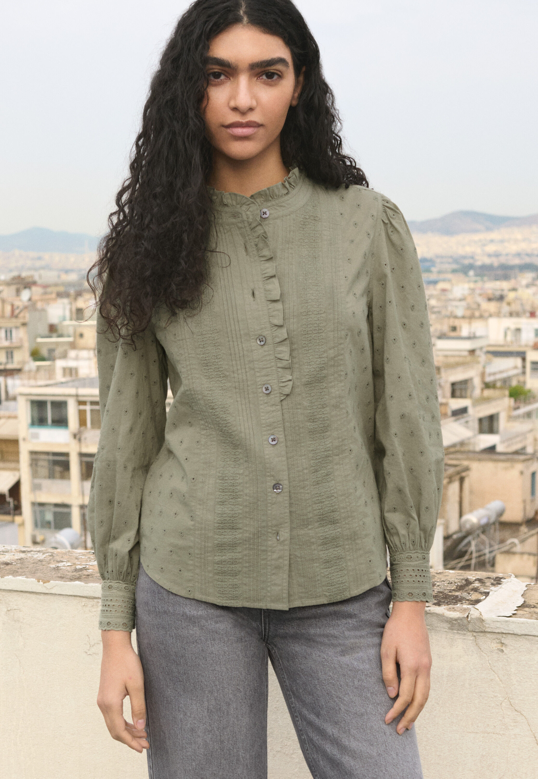 Ruffle-neck broderie blouse, Soft khaki green, large