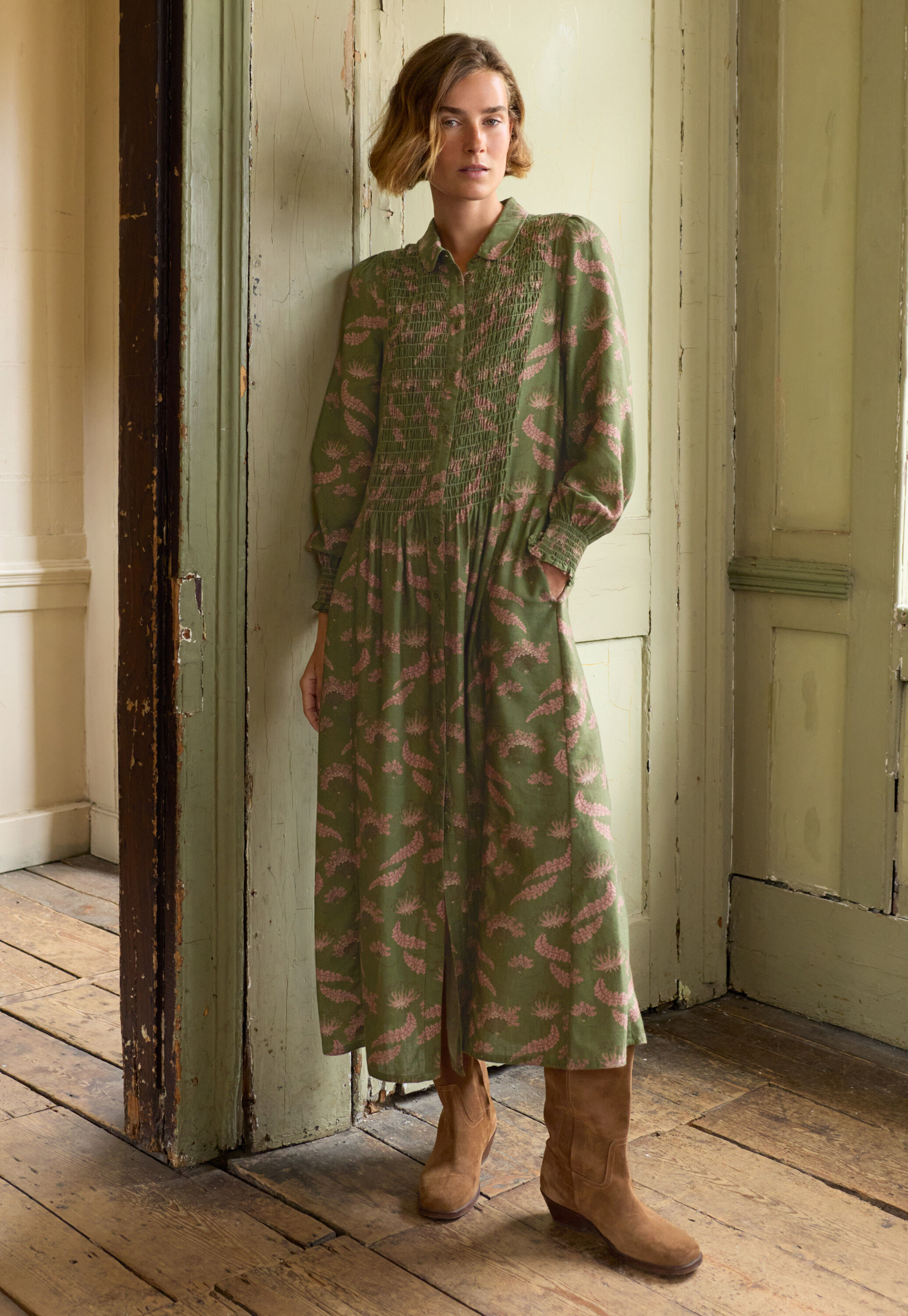 Printed dress, Warm olive, large