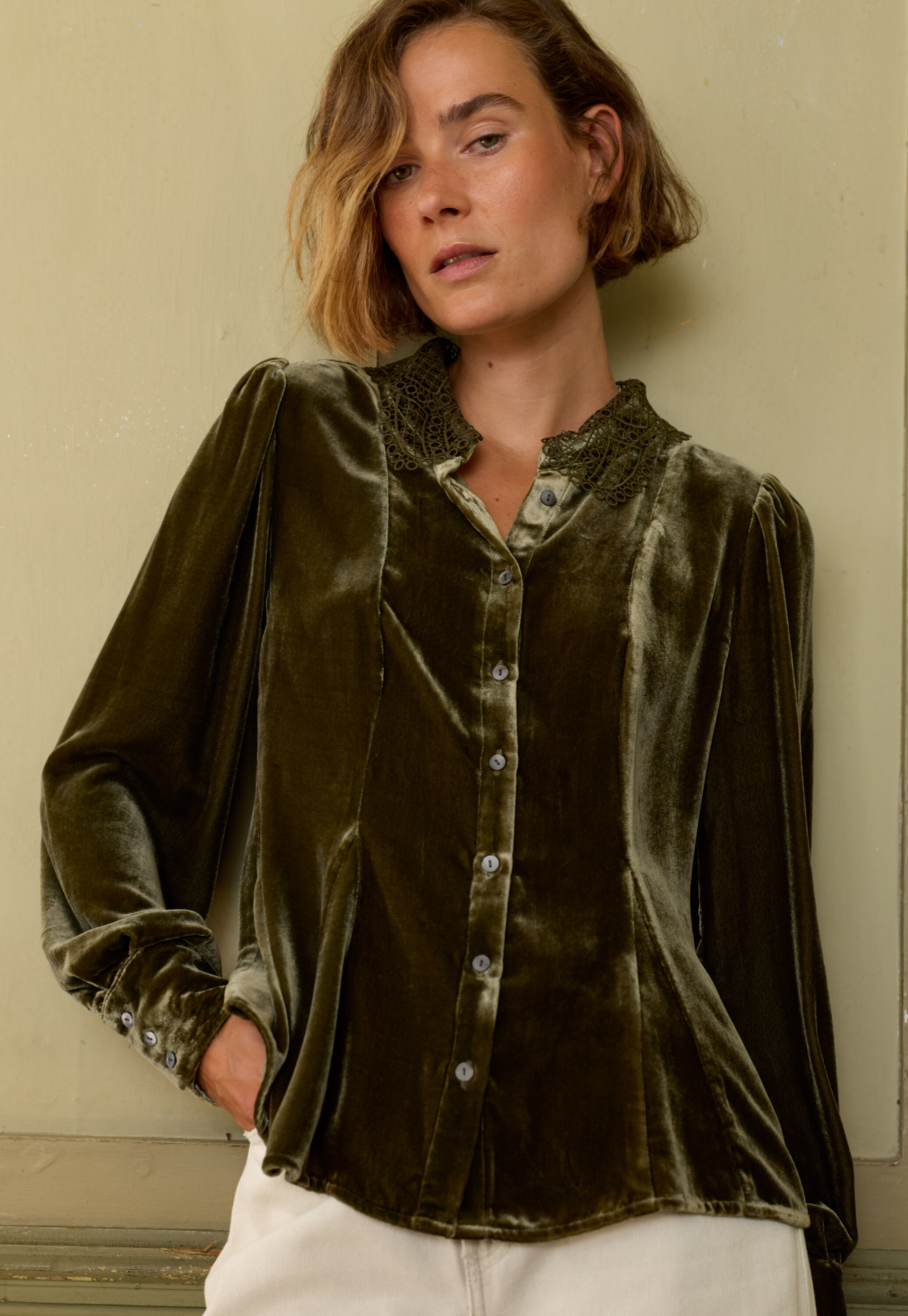 Velvet godet blouse, Moss, large