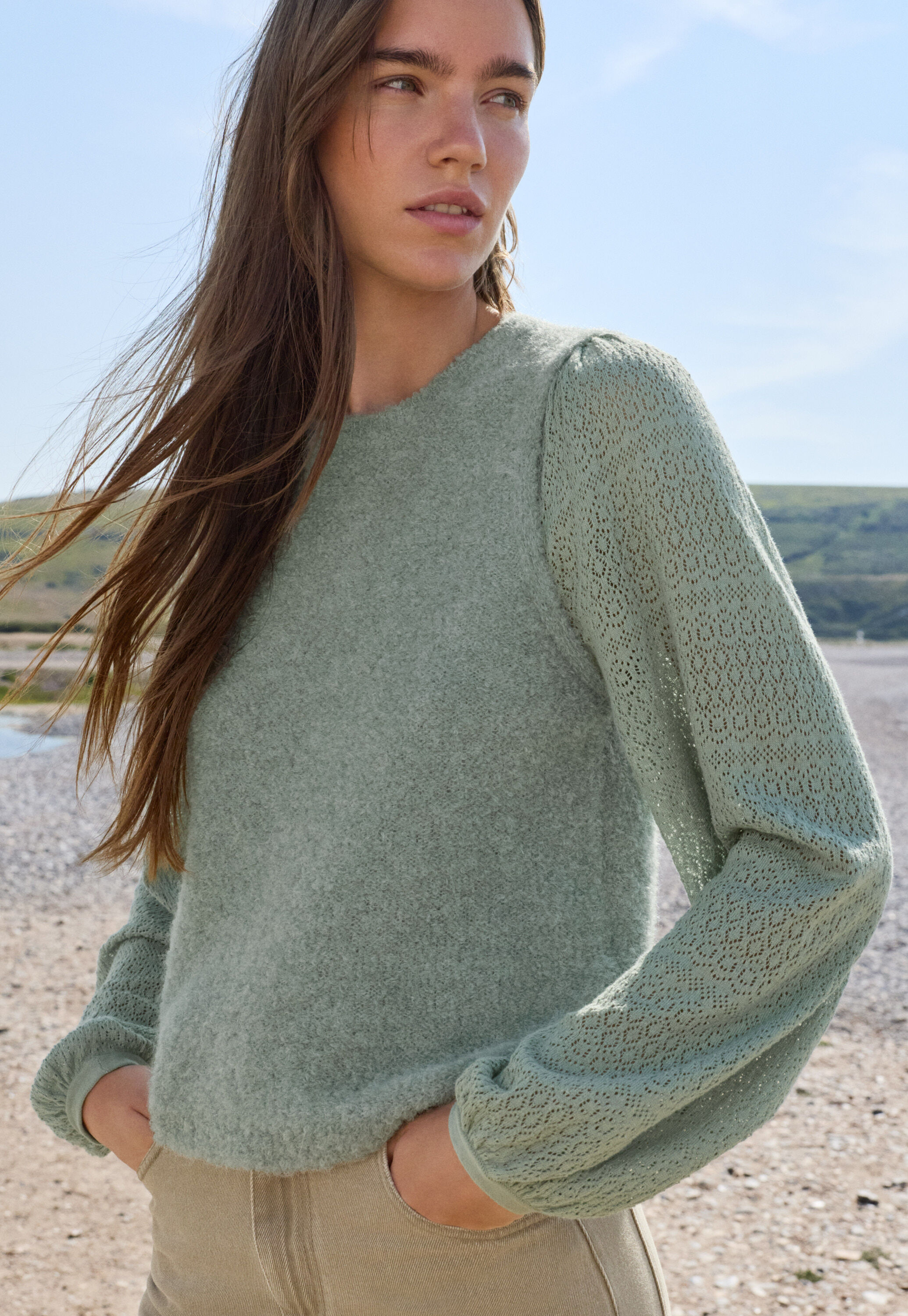 Pointelle-sleeve sweater, Duck egg, large