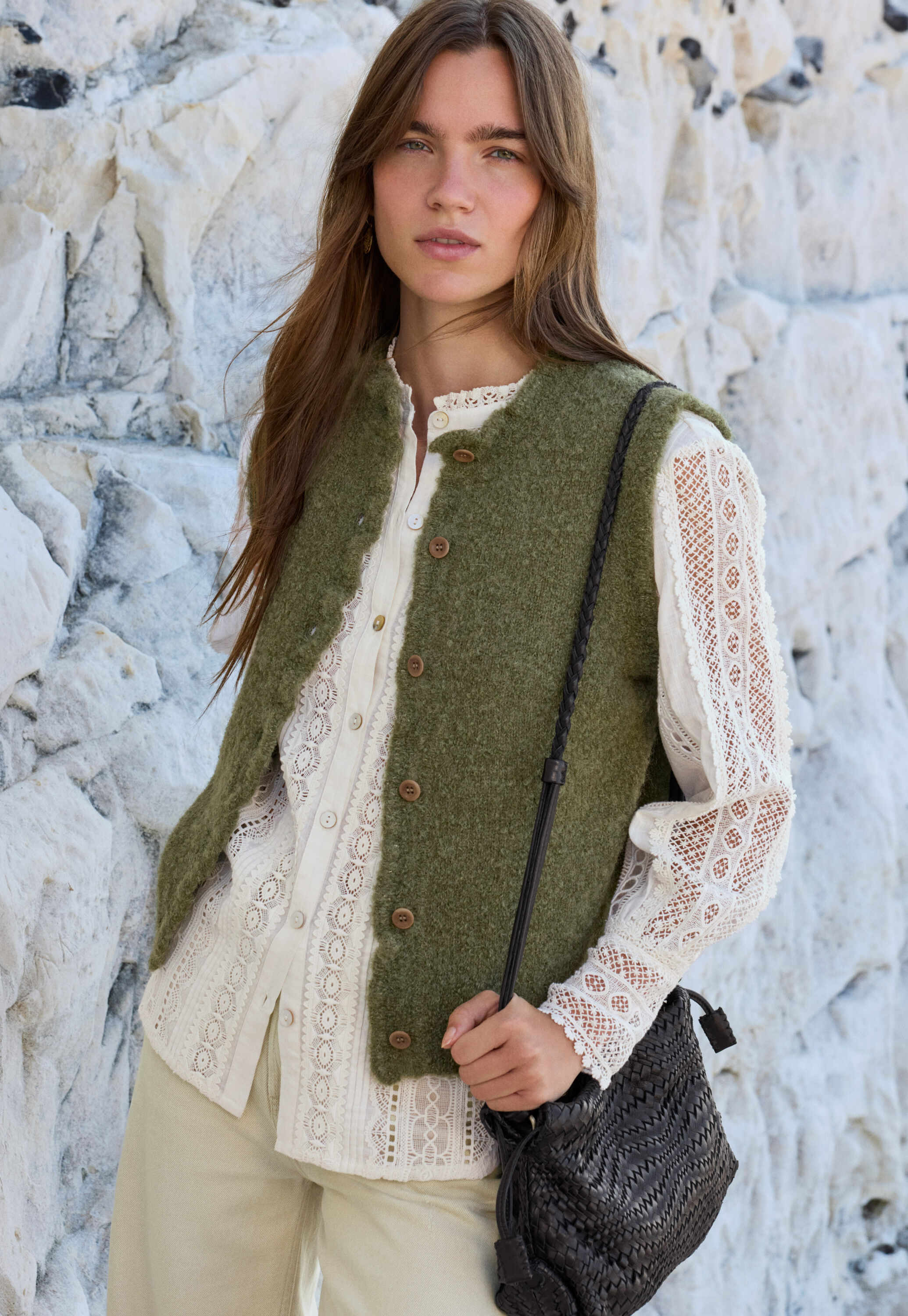 Frill-edge knitted gilet, Dark olive, large