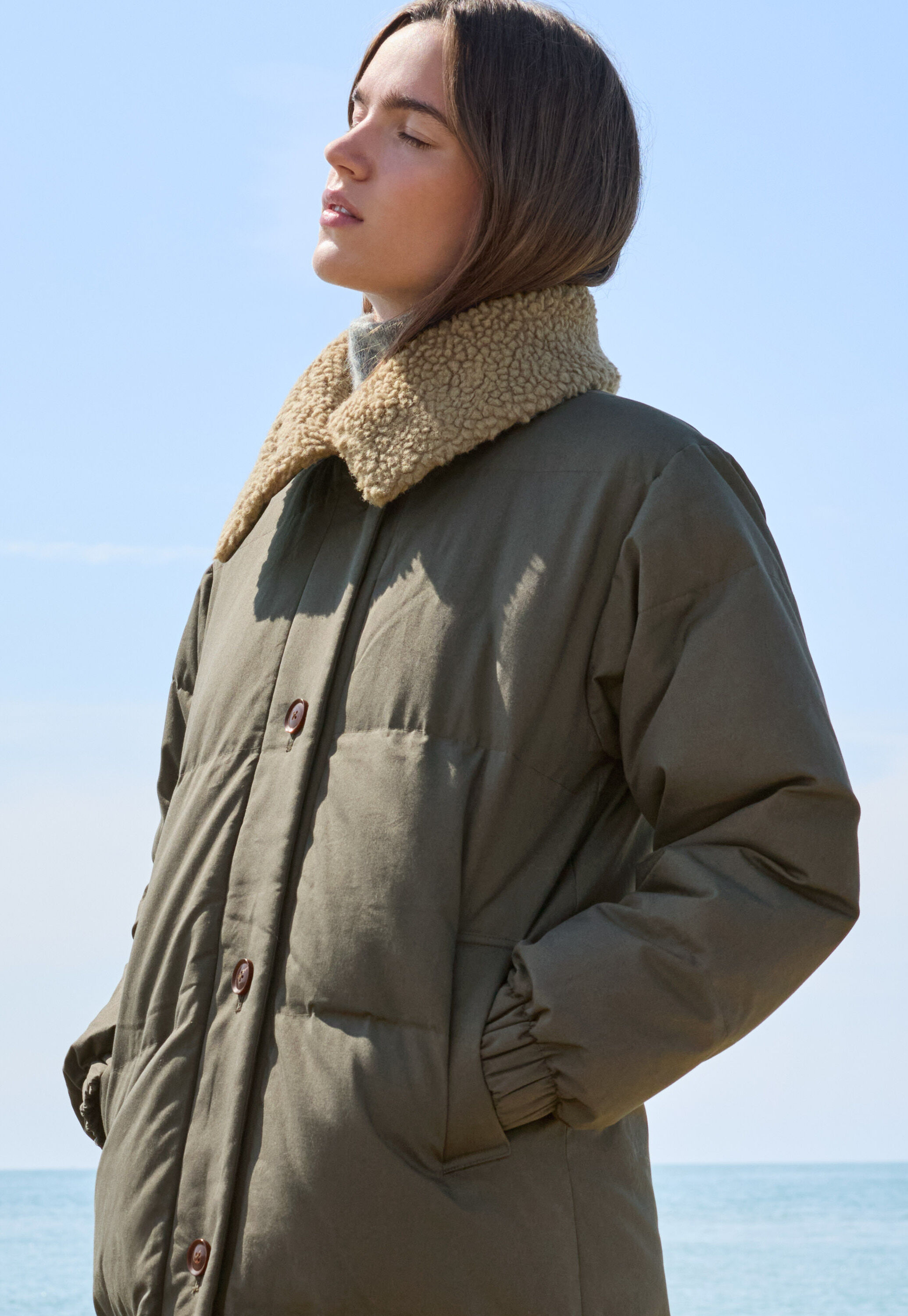 Quilted long coat, Dark khaki, large