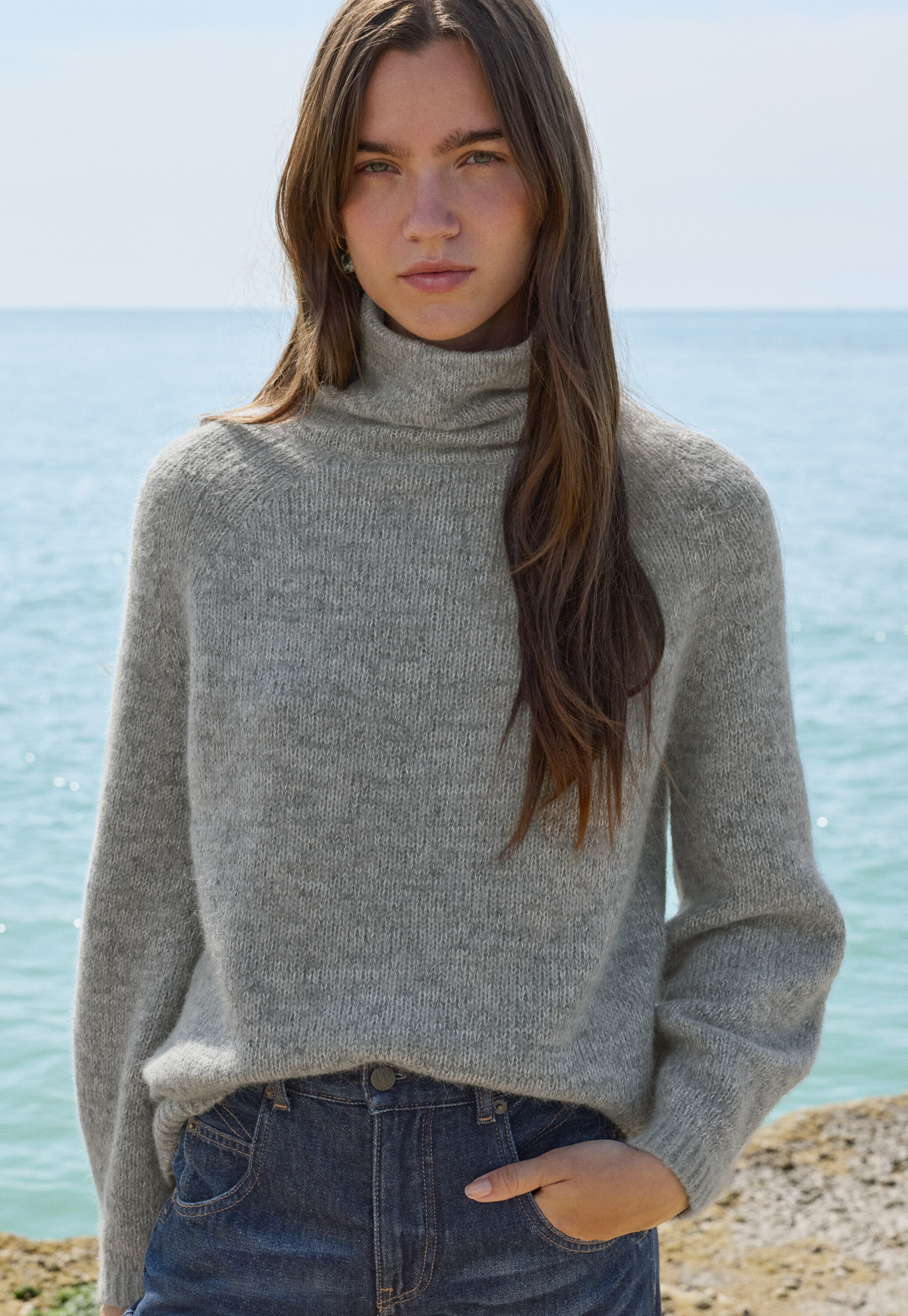 High-neck raglan sweater, Soft denim, large