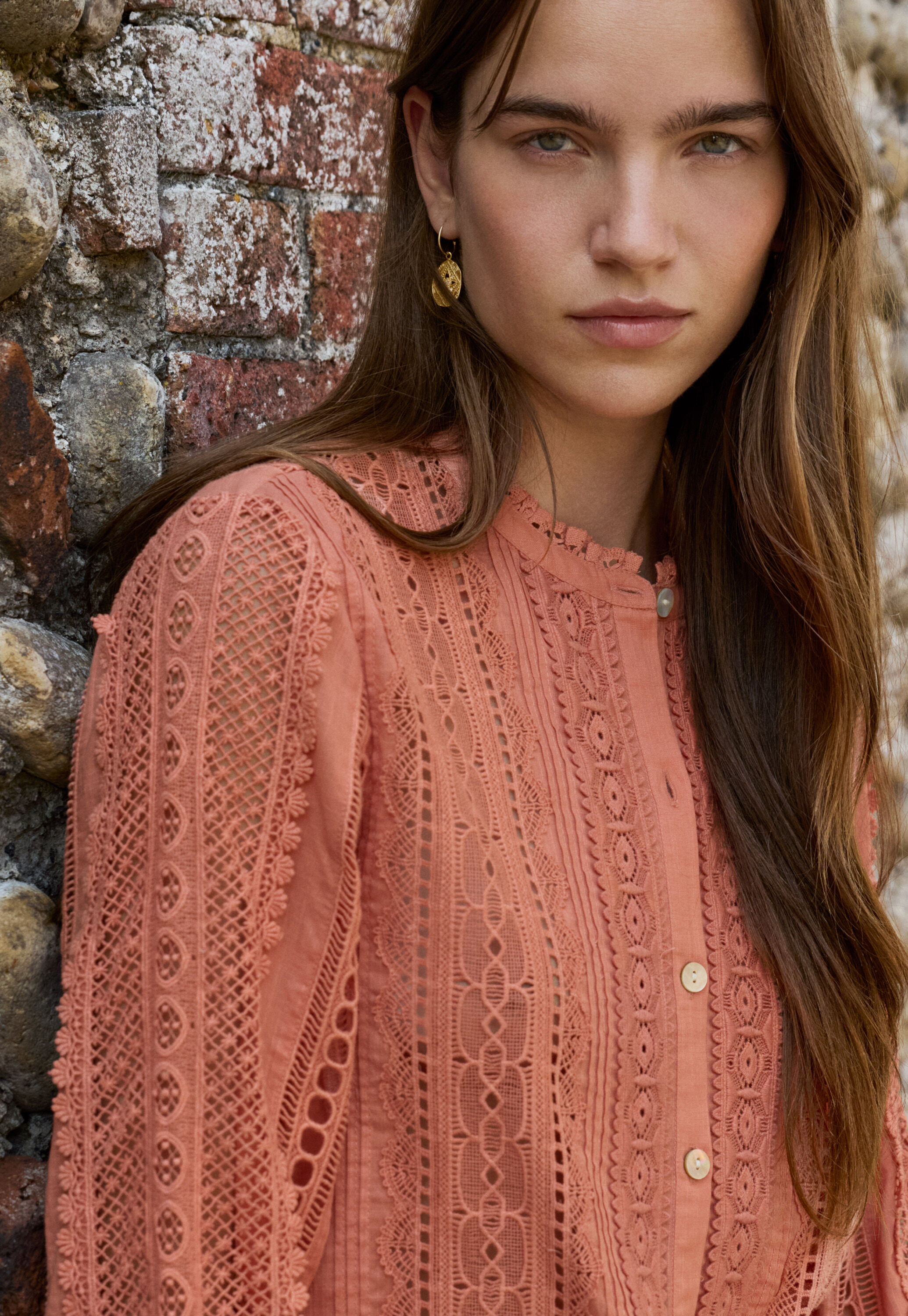Lace blouse, Coral, large