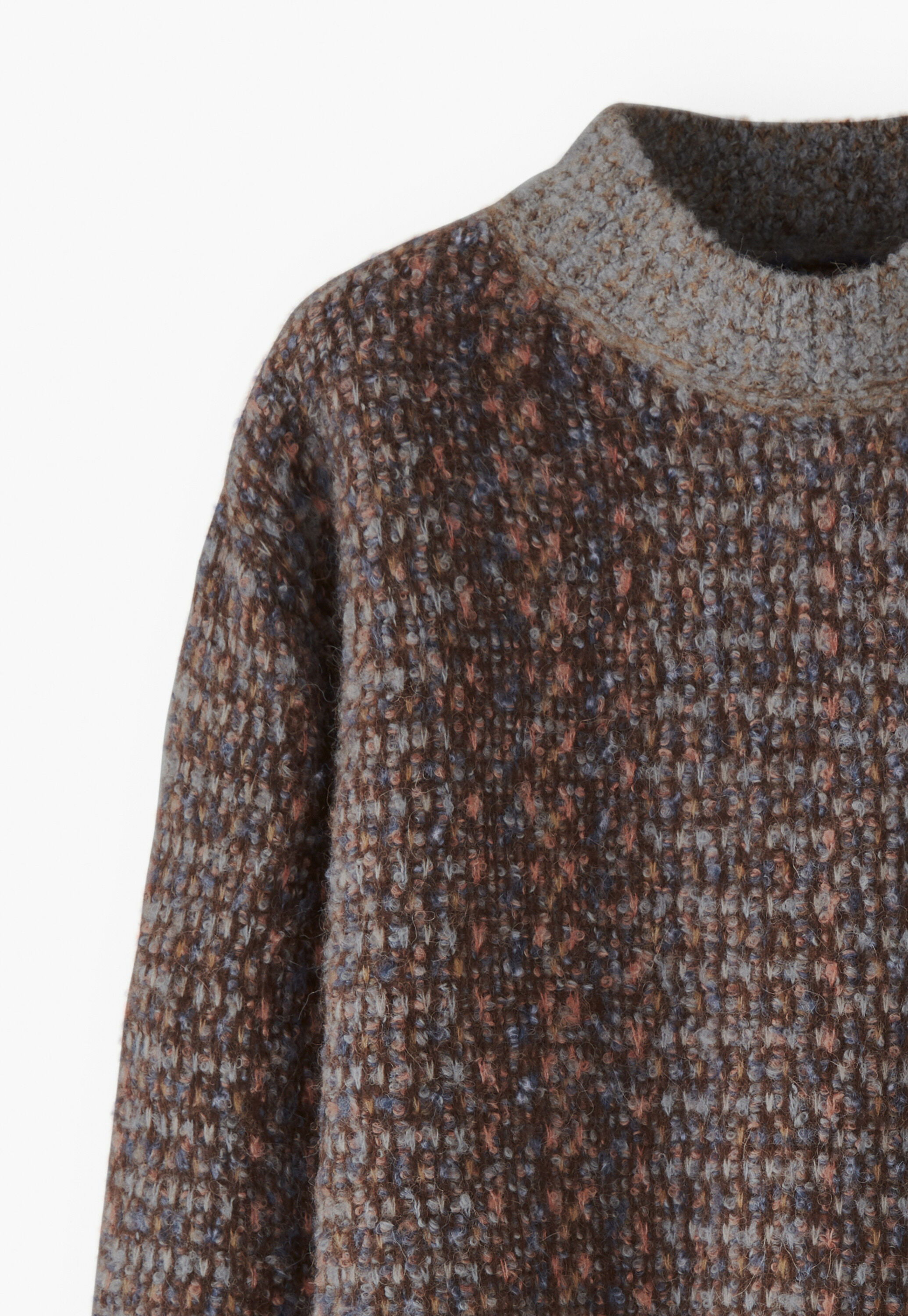 Funnel-neck boucl&eacute; sweater, Chocolate multi, large