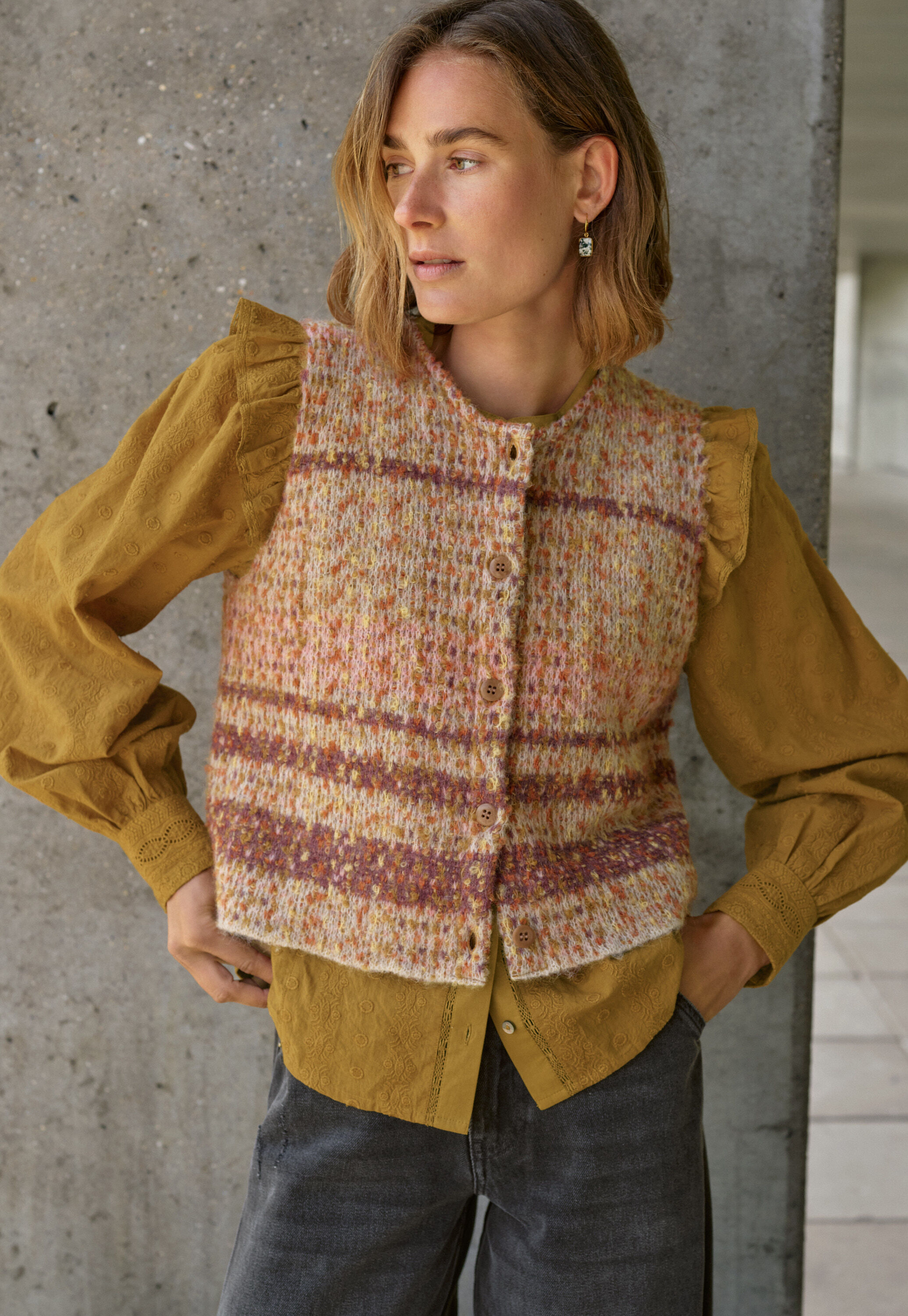 Check knitted gilet, Warm sunset, large