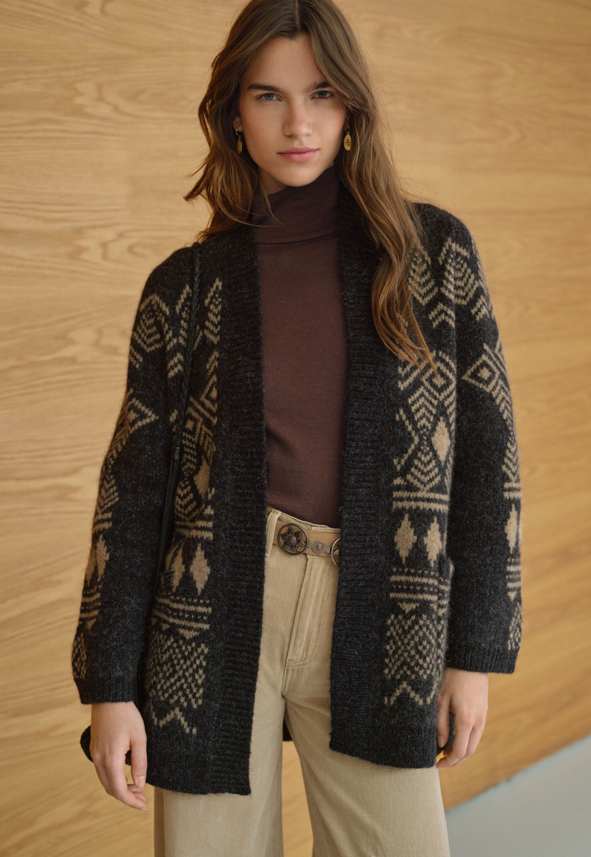 Long jacquard cardigan, Charcoal sand, large
