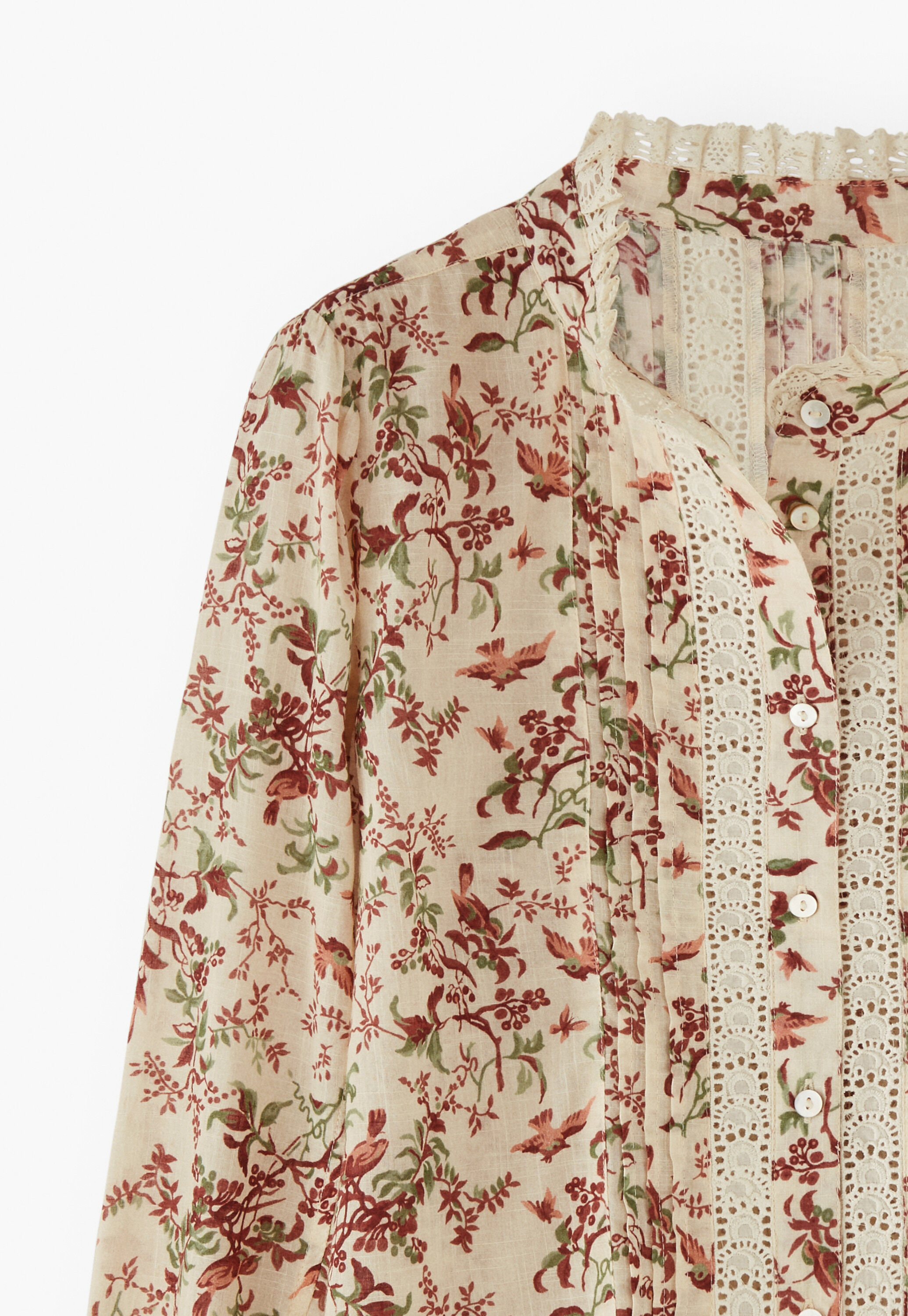 Printed lace detail blouse, Ecru burgundy, large