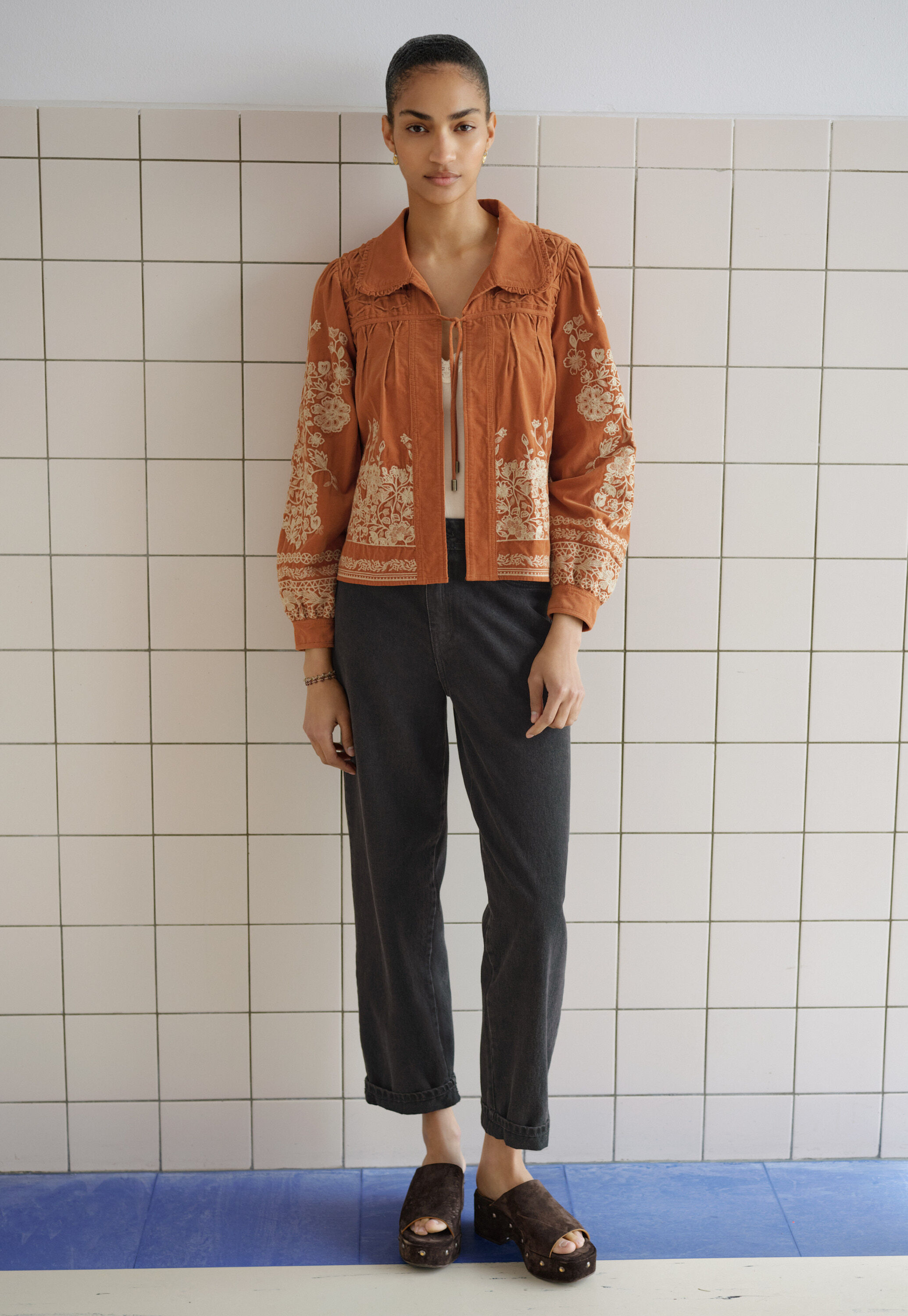Embroidered cord jacket, Rust, large
