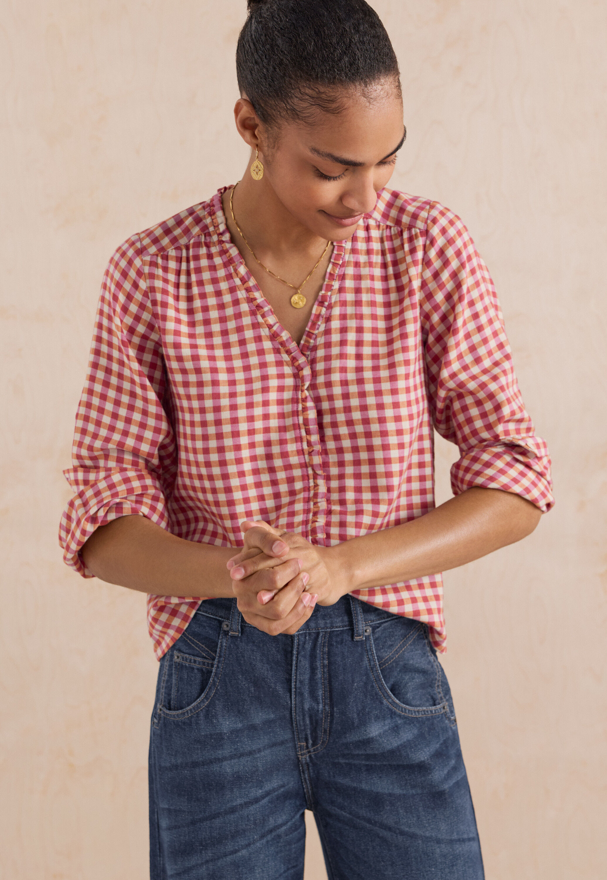 Frill gingham blouse