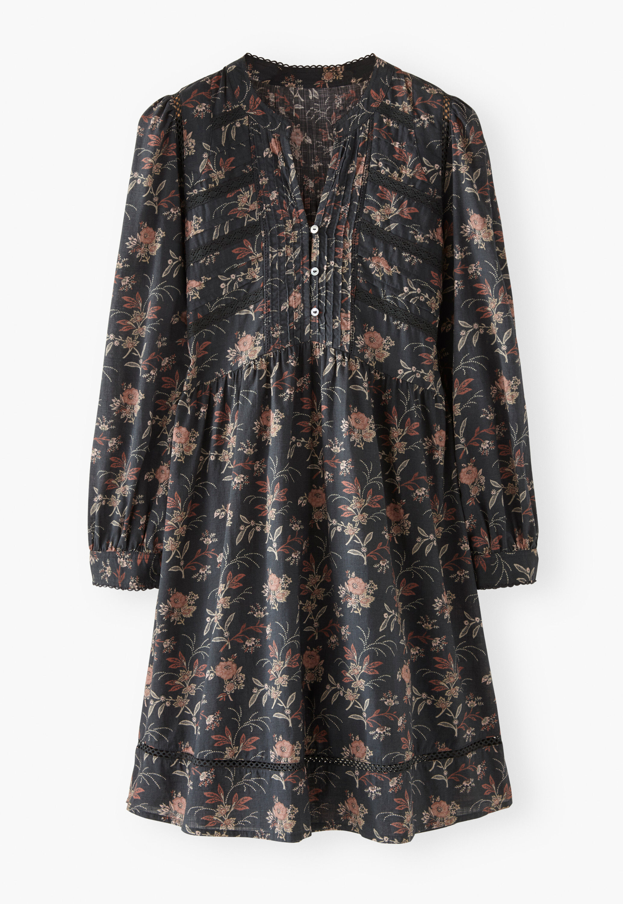 Lace-insert printed dress, Charcoal, large