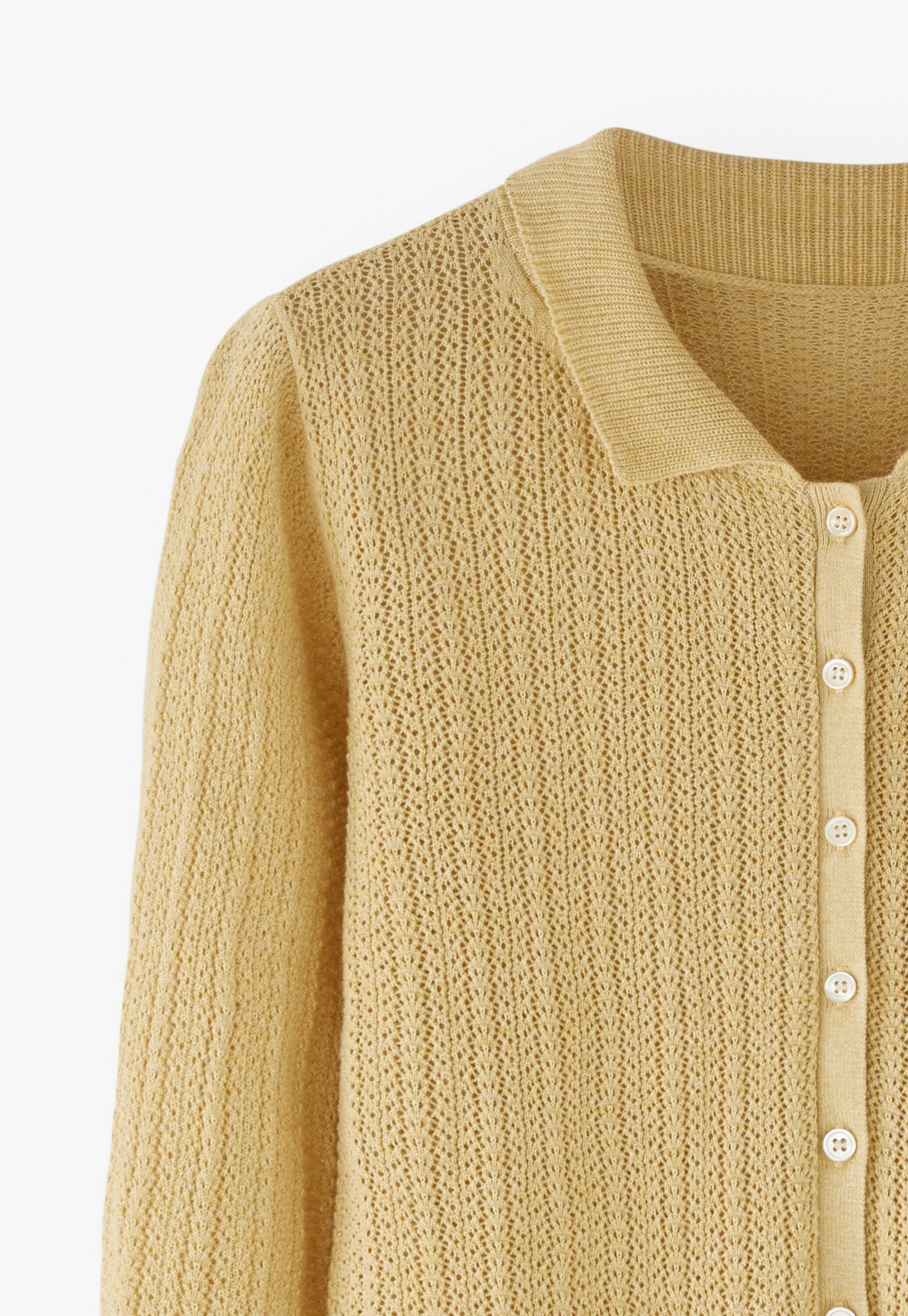 Lace-stitch collared cardigan, Butter yellow, large