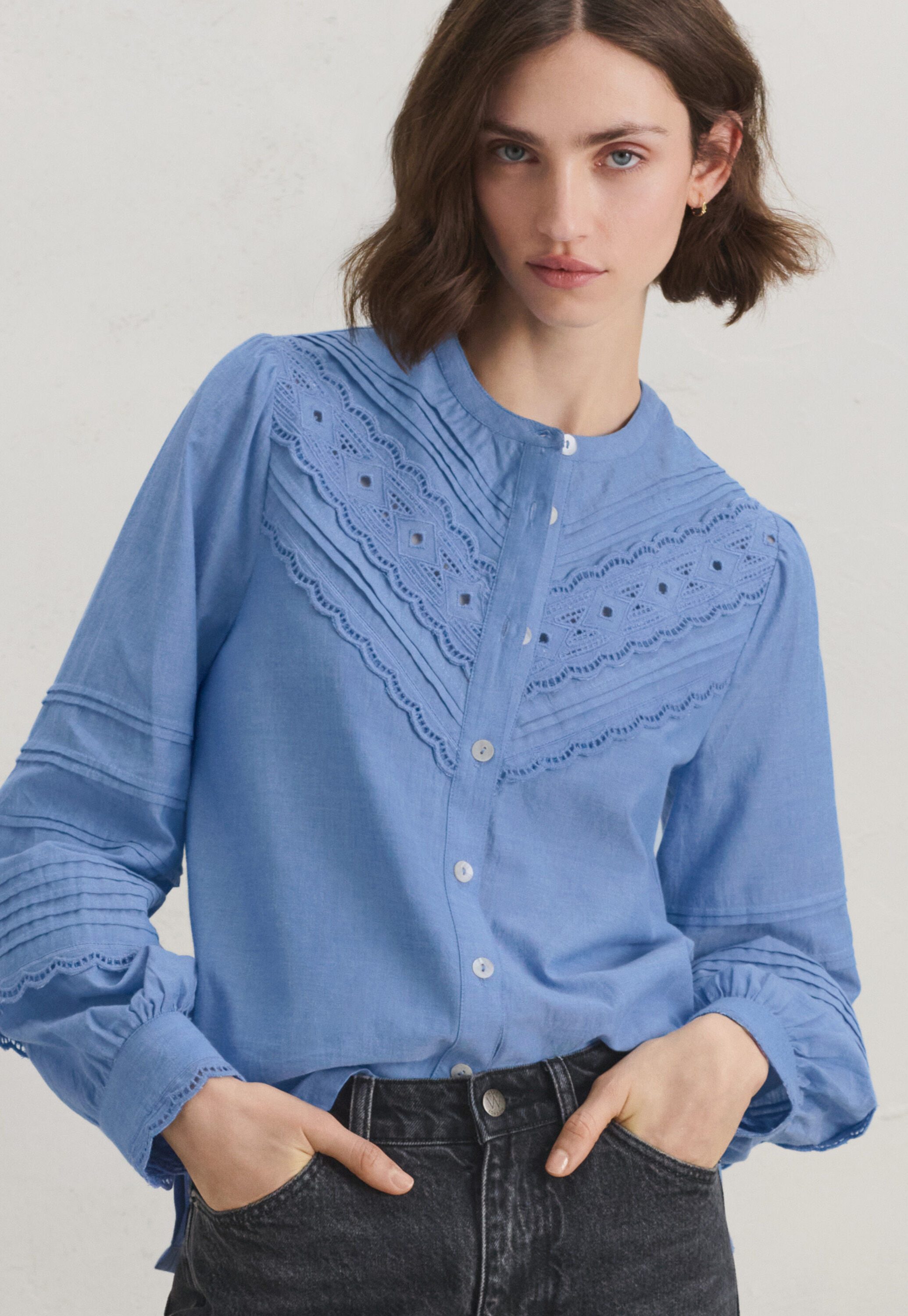 Chambray pintuck blouse