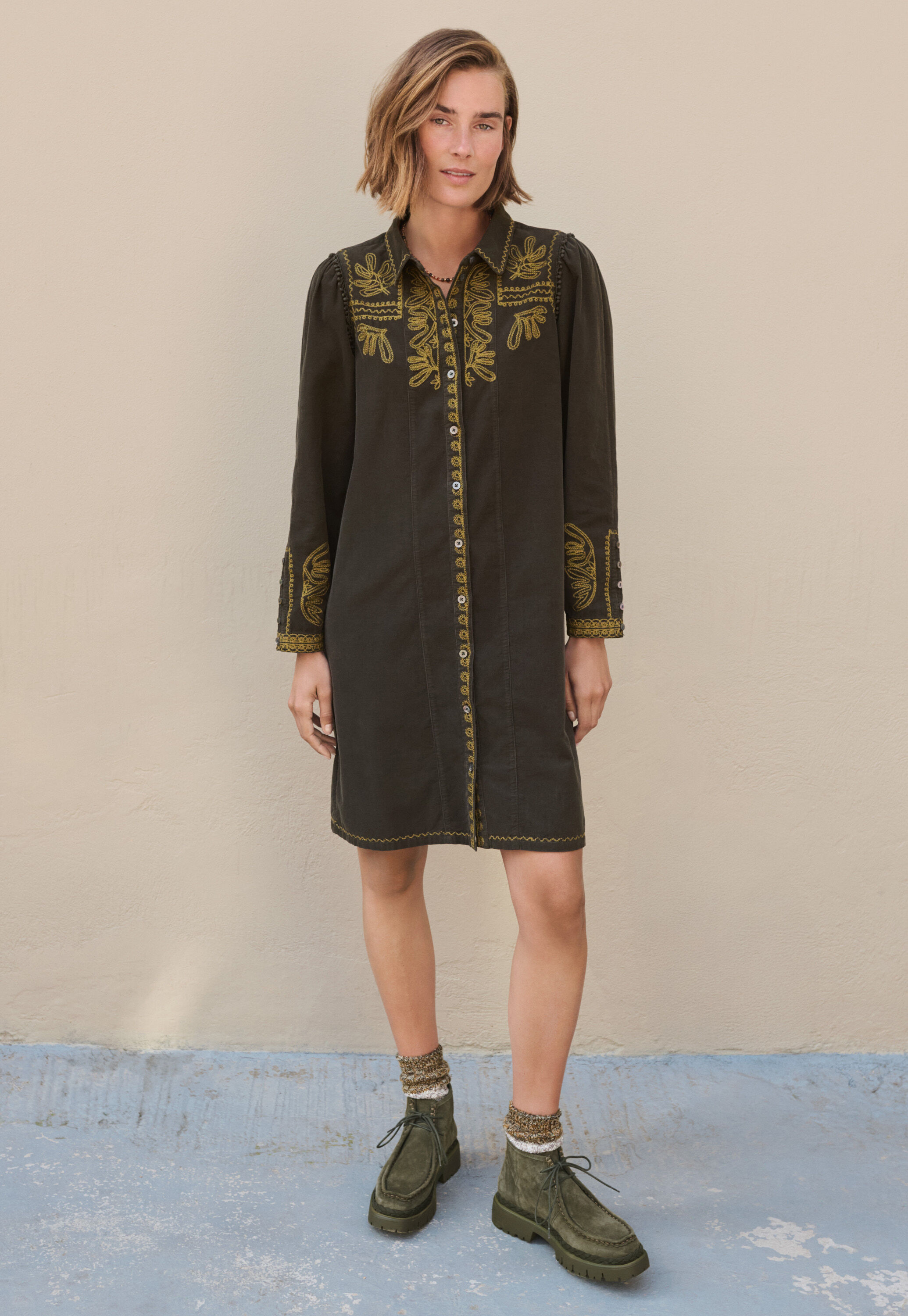 Embroidered cord shift dress