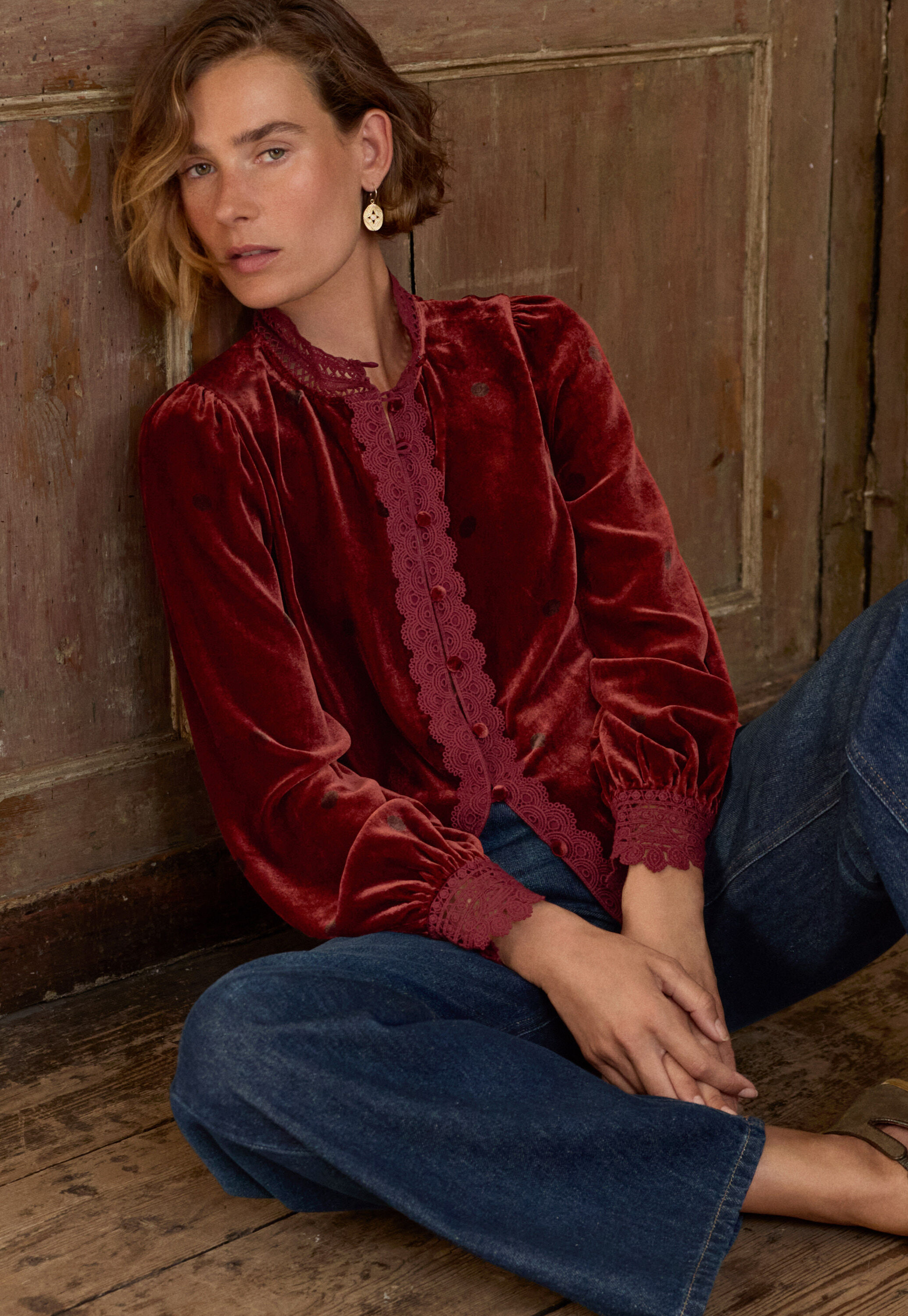 Velvet blouse, Flame red, large